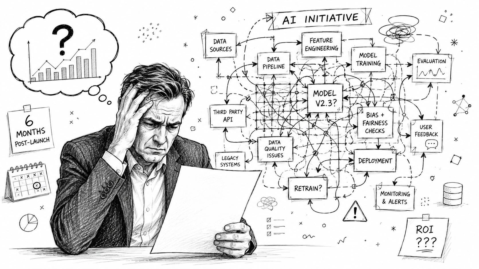 Um empresário preocupado a olhar para diagramas complexos de fluxos de trabalho de inteligência artificial, a questionar-se sobre os resultados do desempenho do projeto.