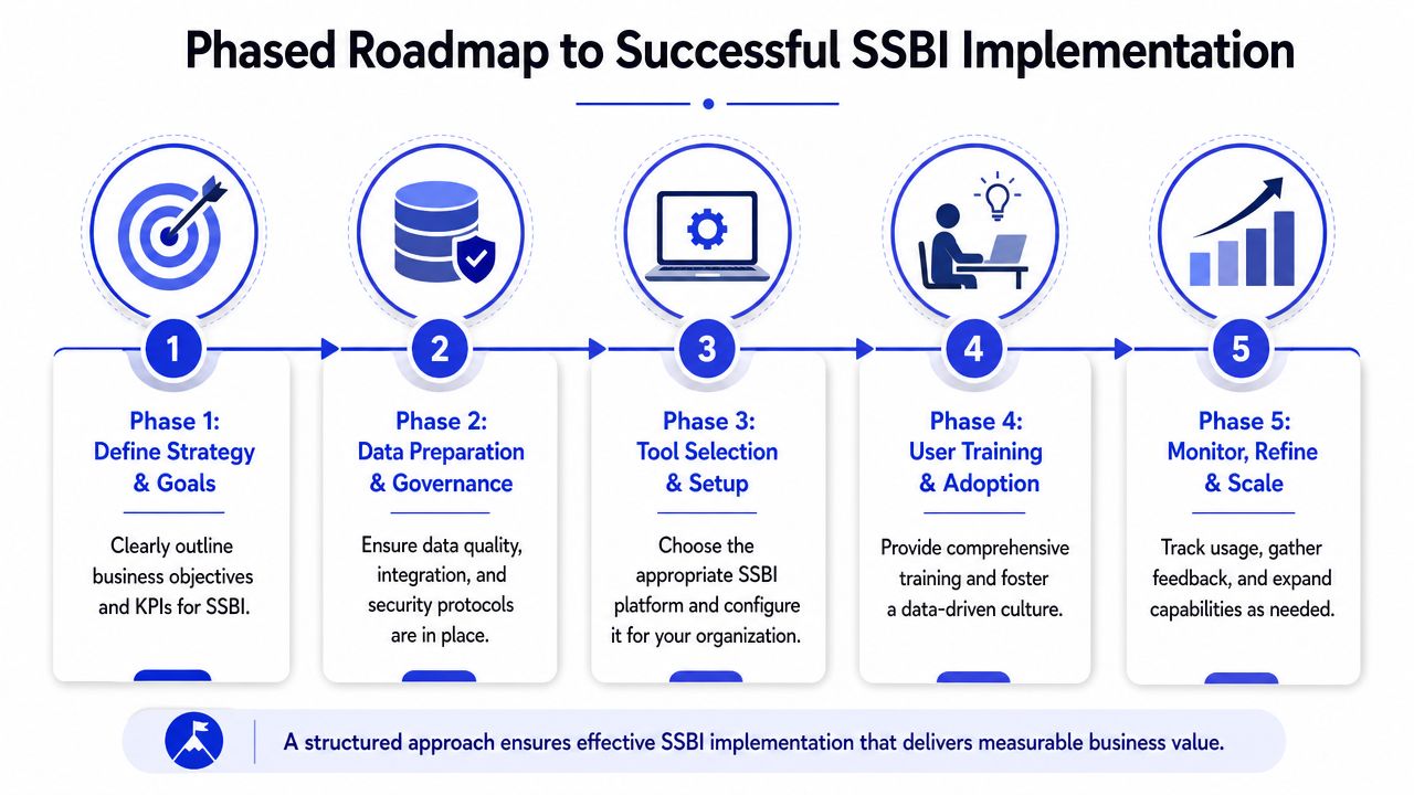Infográfico de roteiro em cinco fases para uma implementação bem-sucedida de business intelligence de self-service, com os passos estratégicos para a adoção organizacional.