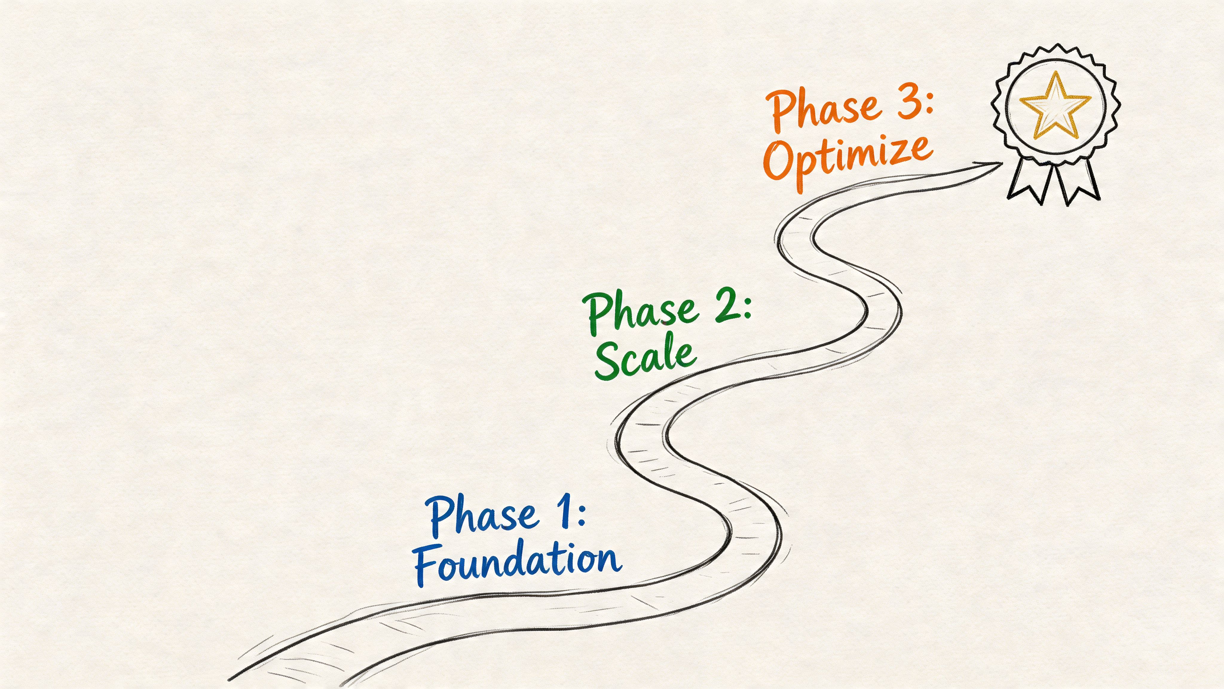 An illustrated path showing a three-step journey towards success with phases labeled Foundation, Scale, and Optimize.