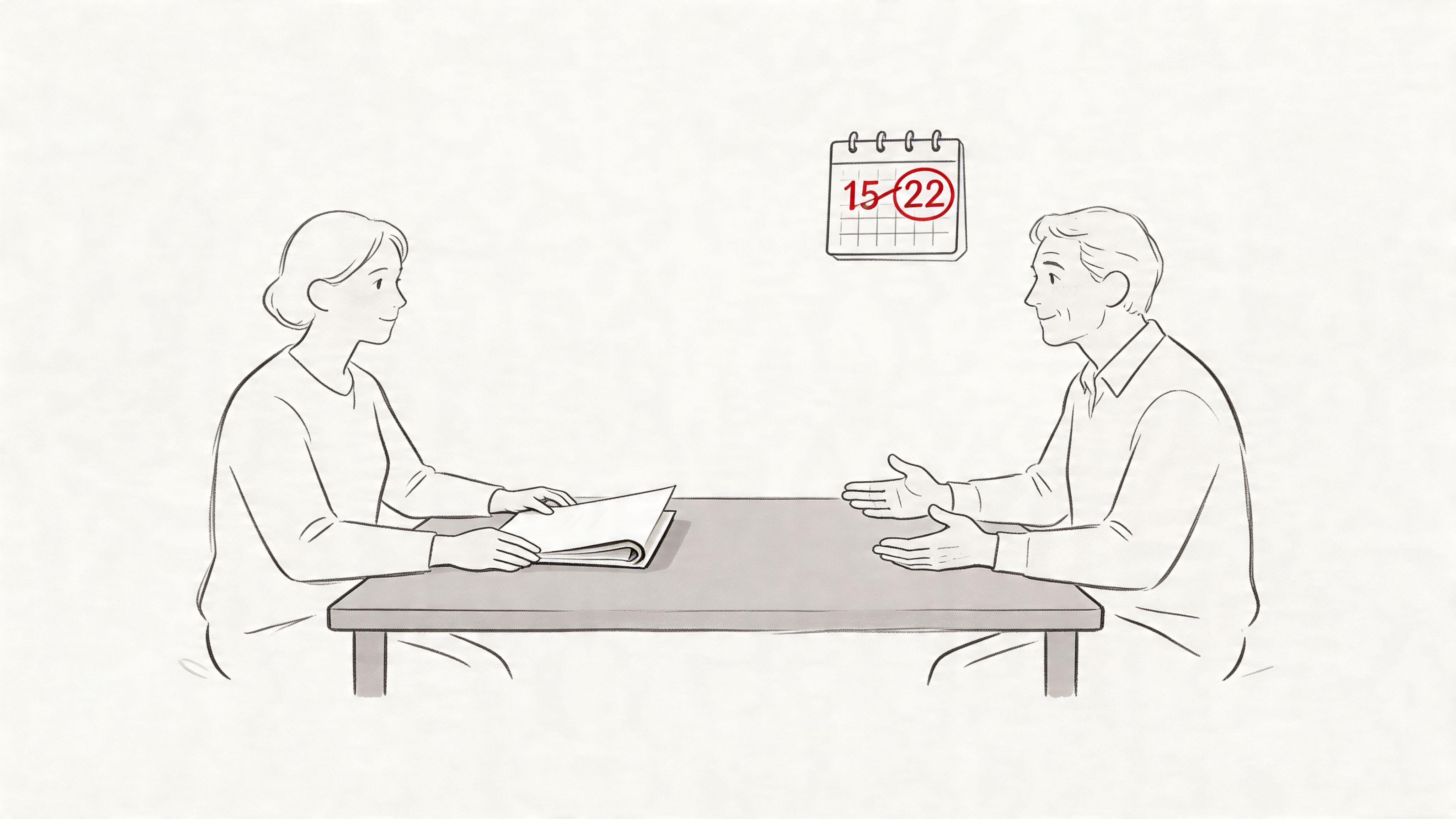 A simple line drawing of a woman and a man sitting across from each other having a conversation.