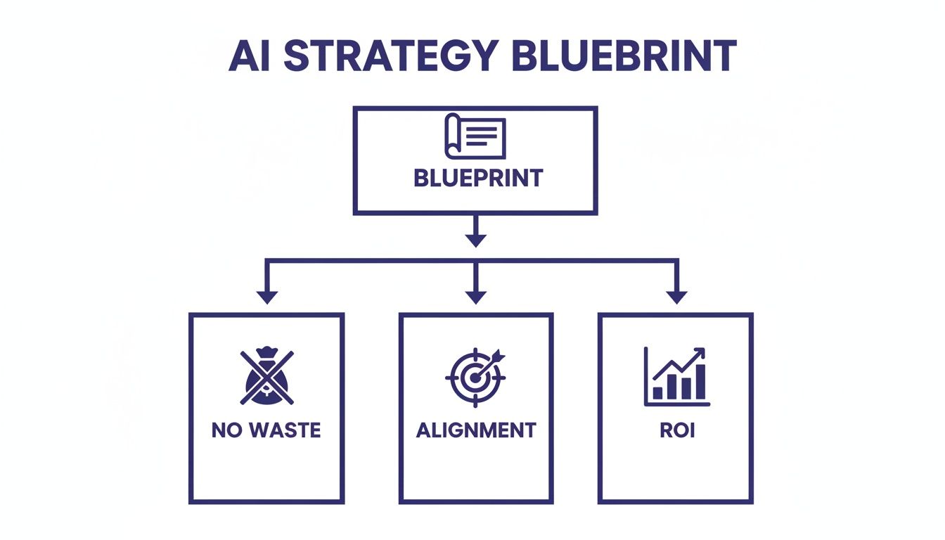 Flowchart illustrating an AI strategy blueprint with key outcomes: no waste, alignment, and ROI.