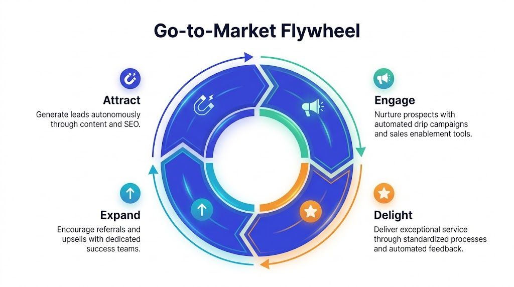 Diagrama circular de un Go-to-Market Flywheel que ilustra las etapas de Atraer, Involucrar, Deleitar y Expandir para el crecimiento de una startup.