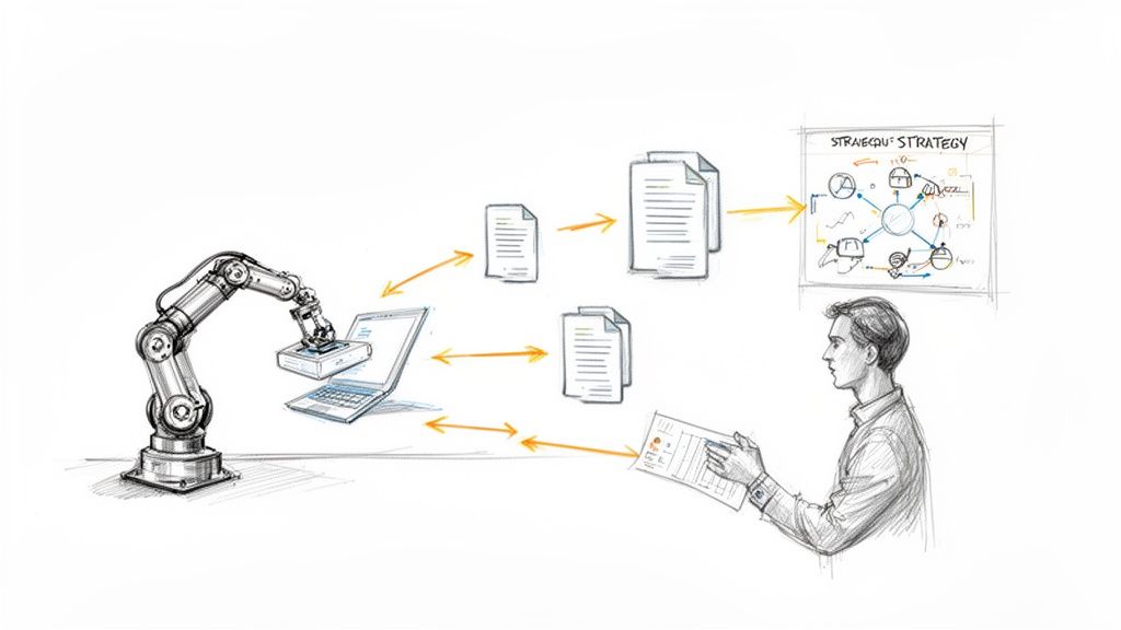 A robotic arm and a person collaborating on data automation and strategy development.