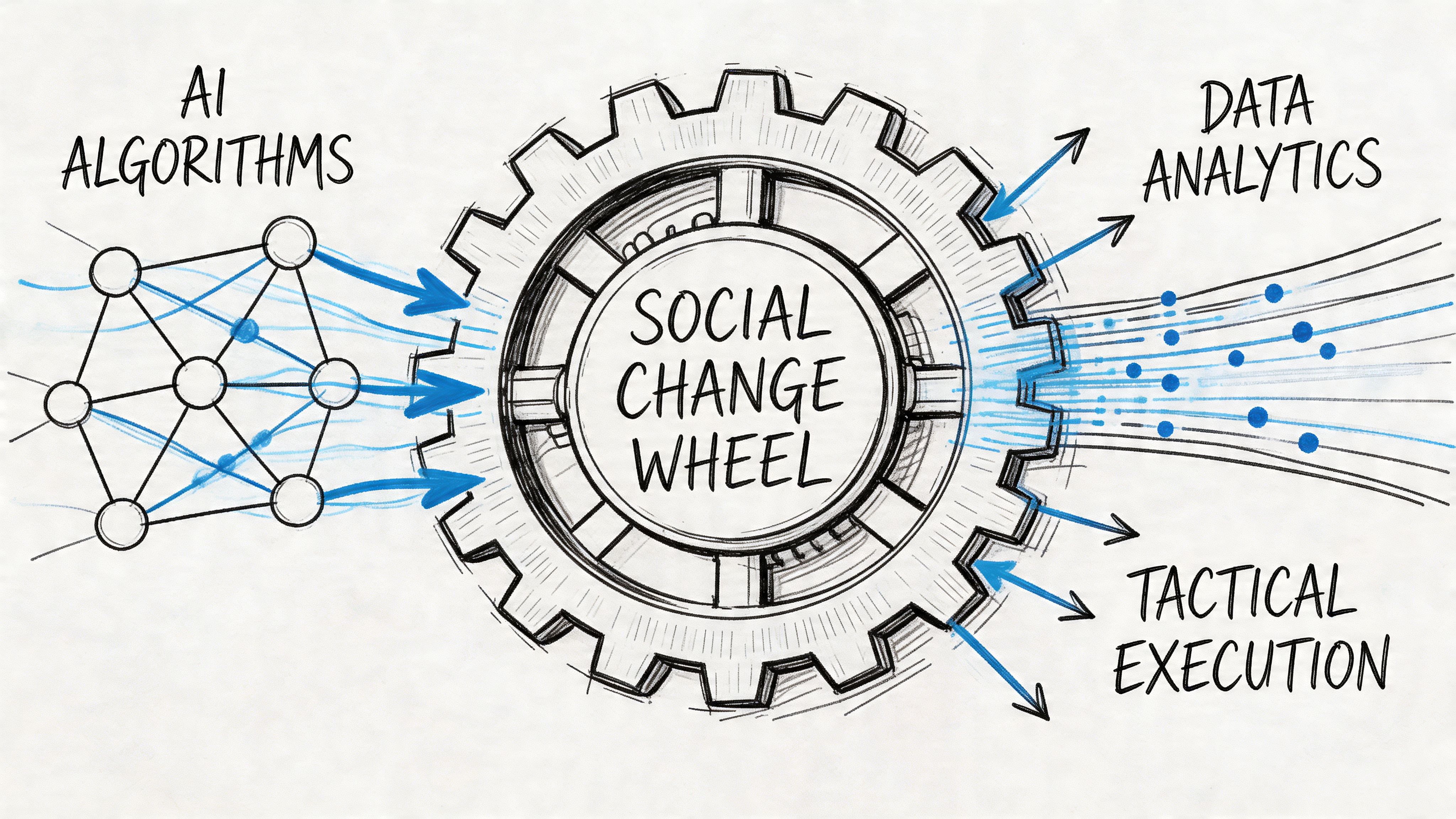 Diagrama conceptual que muestra algoritmos de IA alimentando una rueda del cambio social para producir datos y tácticas.