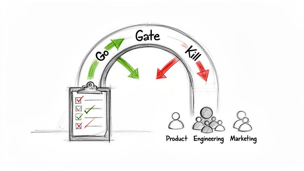 Diagrama stage-gate de desenvolvimento de produto com uma lista de verificação, pontos de decisão 'Avançar' e 'Cancelar', e equipas de intervenientes.
