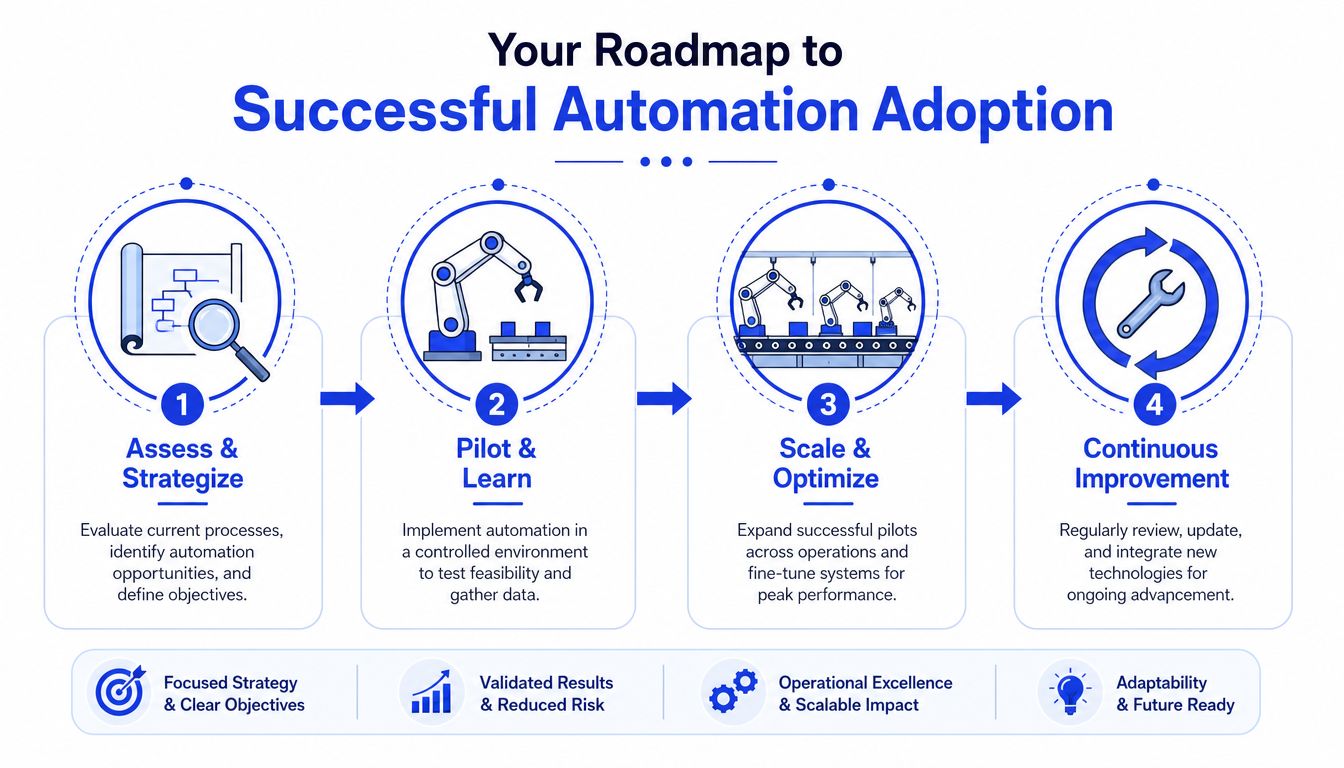 A four-step roadmap for successful manufacturing automation, covering strategy, pilot testing, scaling, and continuous improvement.