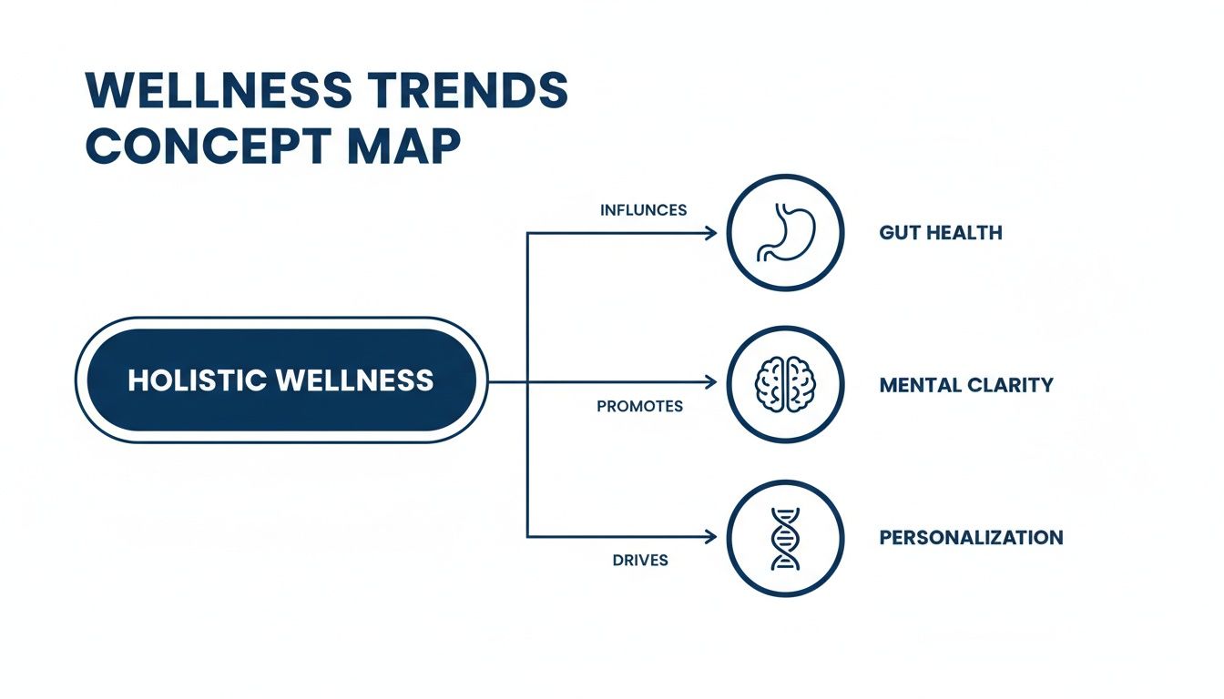 Mapa conceptual que mostra o Bem-Estar Holístico a influenciar a Saúde Intestinal, a promover a Clareza Mental e a impulsionar a Personalização.