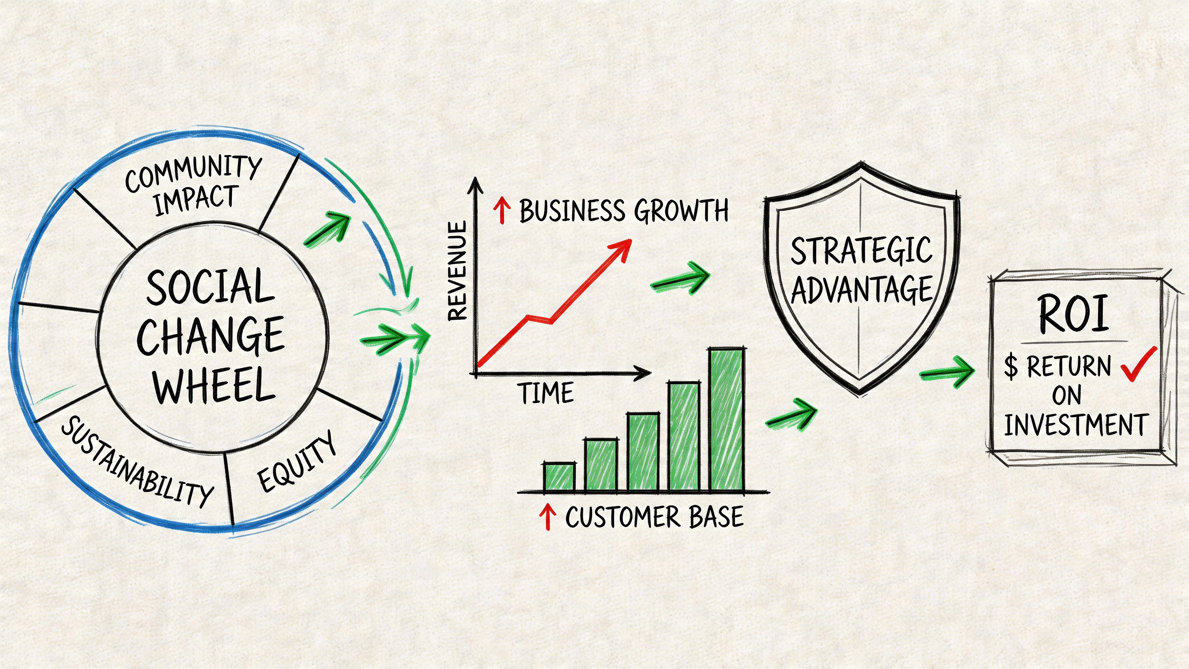 Diagrama que ilustra cómo la rueda del cambio social conduce al crecimiento empresarial, la ventaja estratégica y un mayor ROI.