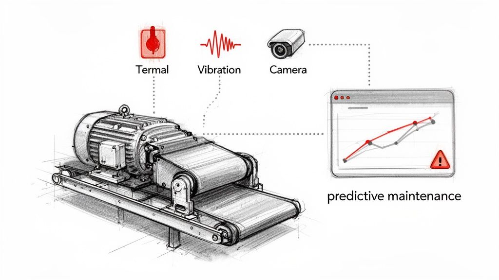 Predictive maintenance system monitors a machine using thermal, vibration, and camera data displayed on a graph.