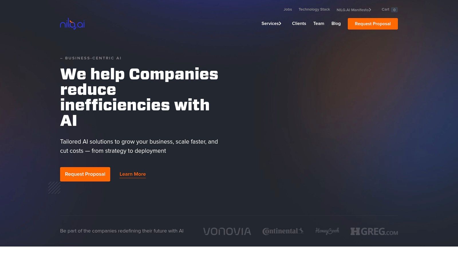 Página inicial da NILG.AI com foco em soluções de IA para o crescimento empresarial.