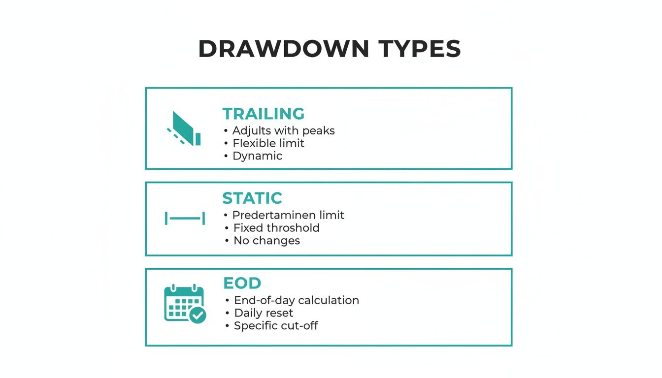 Diagram illustrating three types of drawdowns: Trailing, Static, and End-of-Day, with key characteristics listed.
