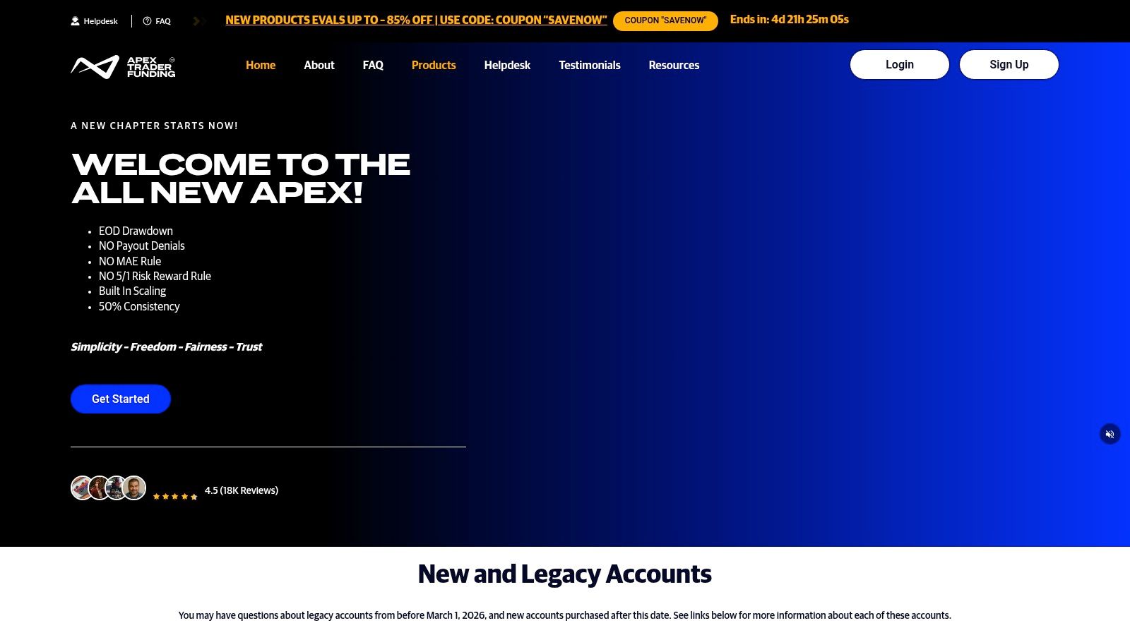 A screenshot of the Apex Trader Funding website dashboard showing account details and performance metrics.