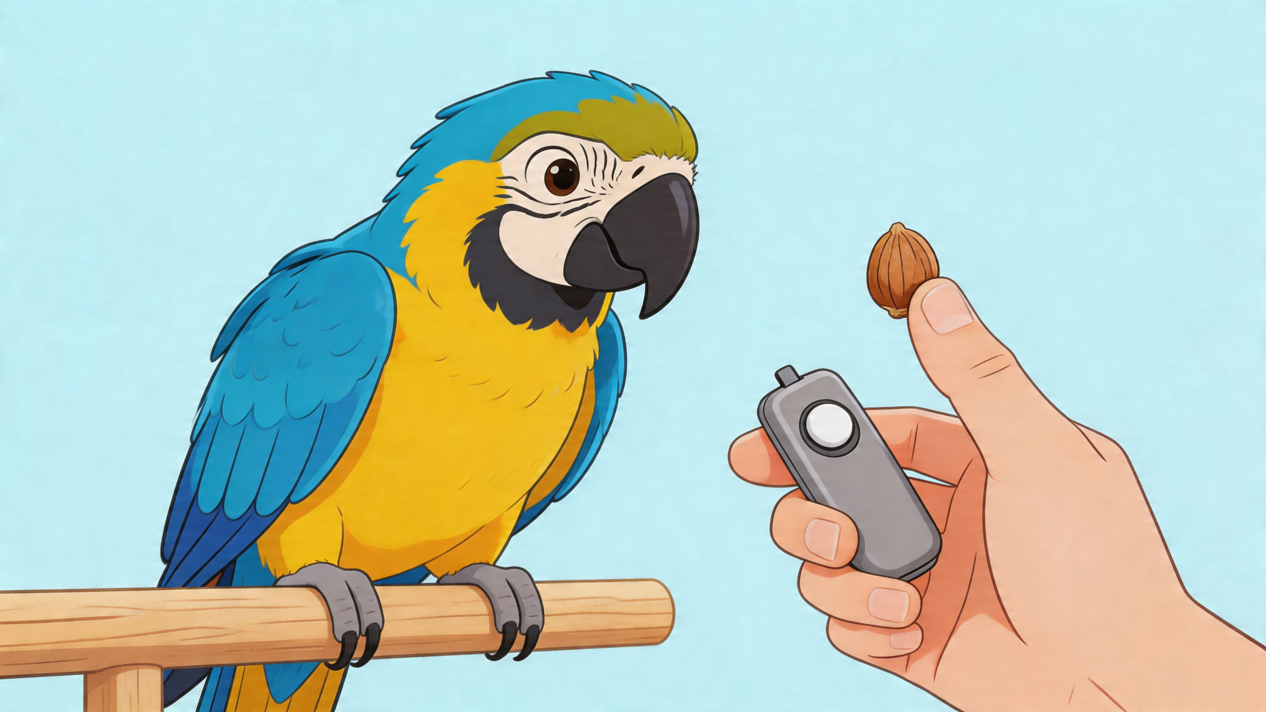 A person using a training clicker and a nut treat to train a blue and gold macaw.