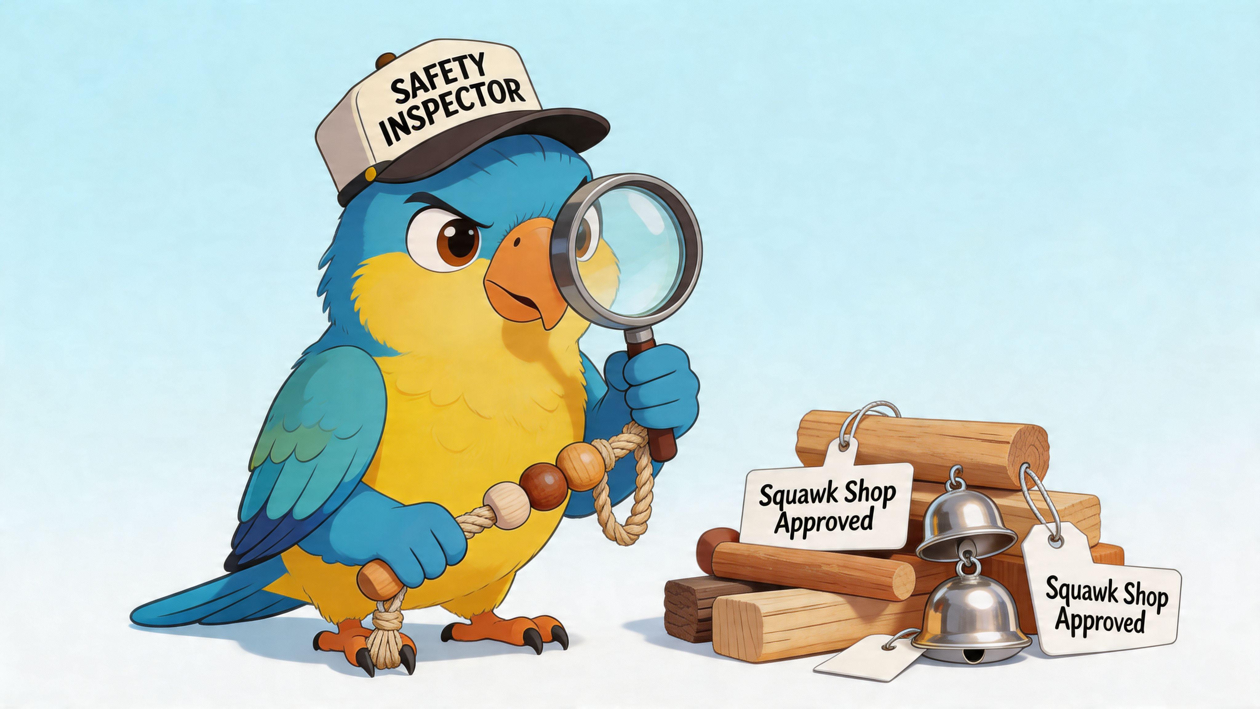 A cute cartoon parrot wearing a safety inspector hat examines wooden bird toys with a magnifying glass.