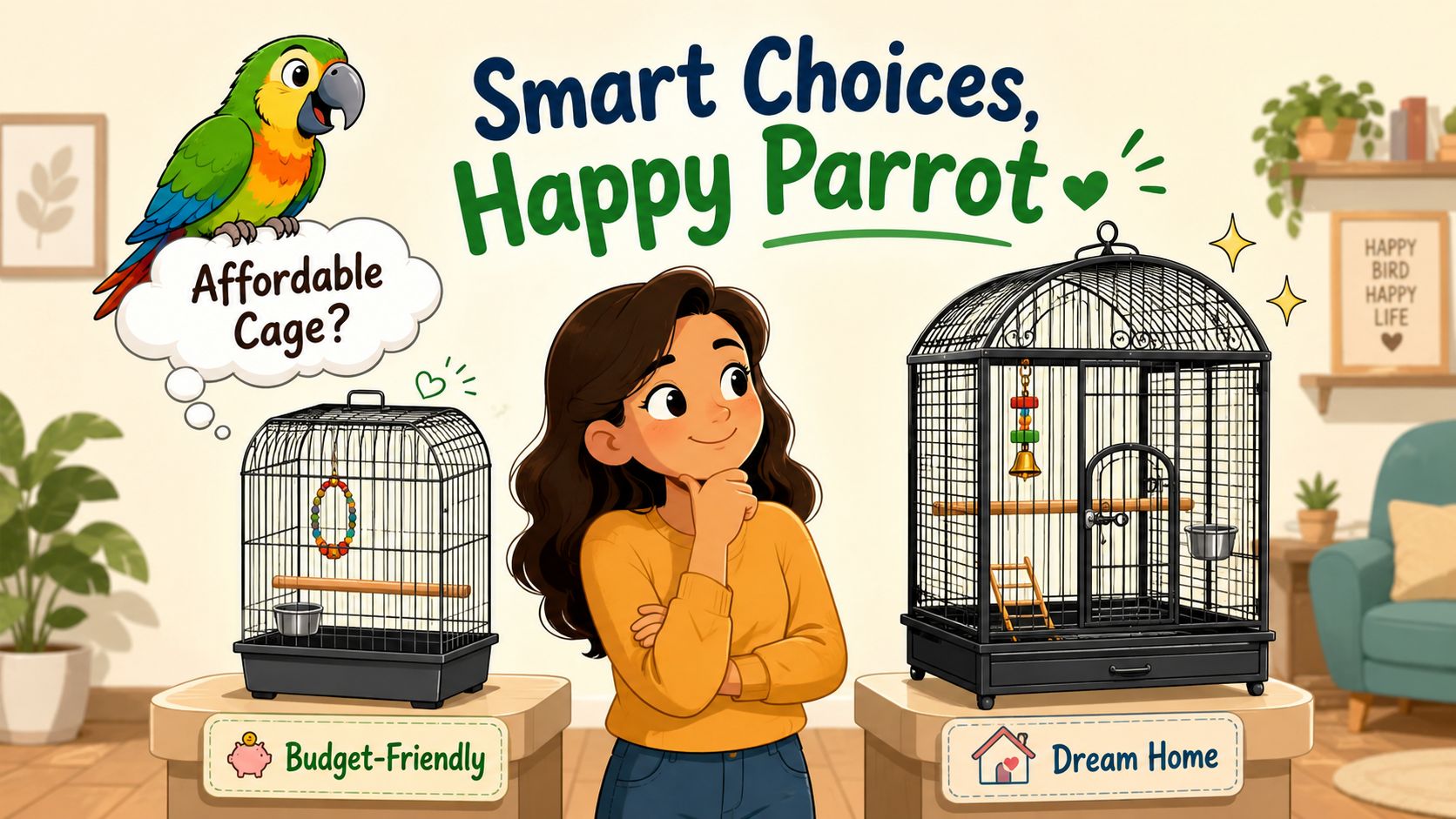 A woman stands between two bird cages, one labeled budget-friendly and the other dream home.