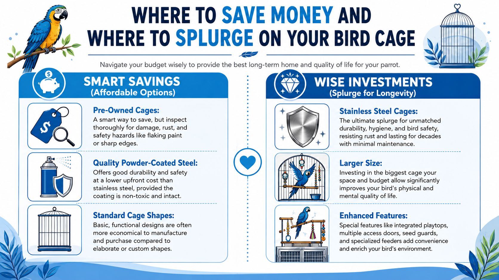 An infographic titled Where to Save Money and Where to Splurge on Your Bird Cage, offering tips for parrot owners.