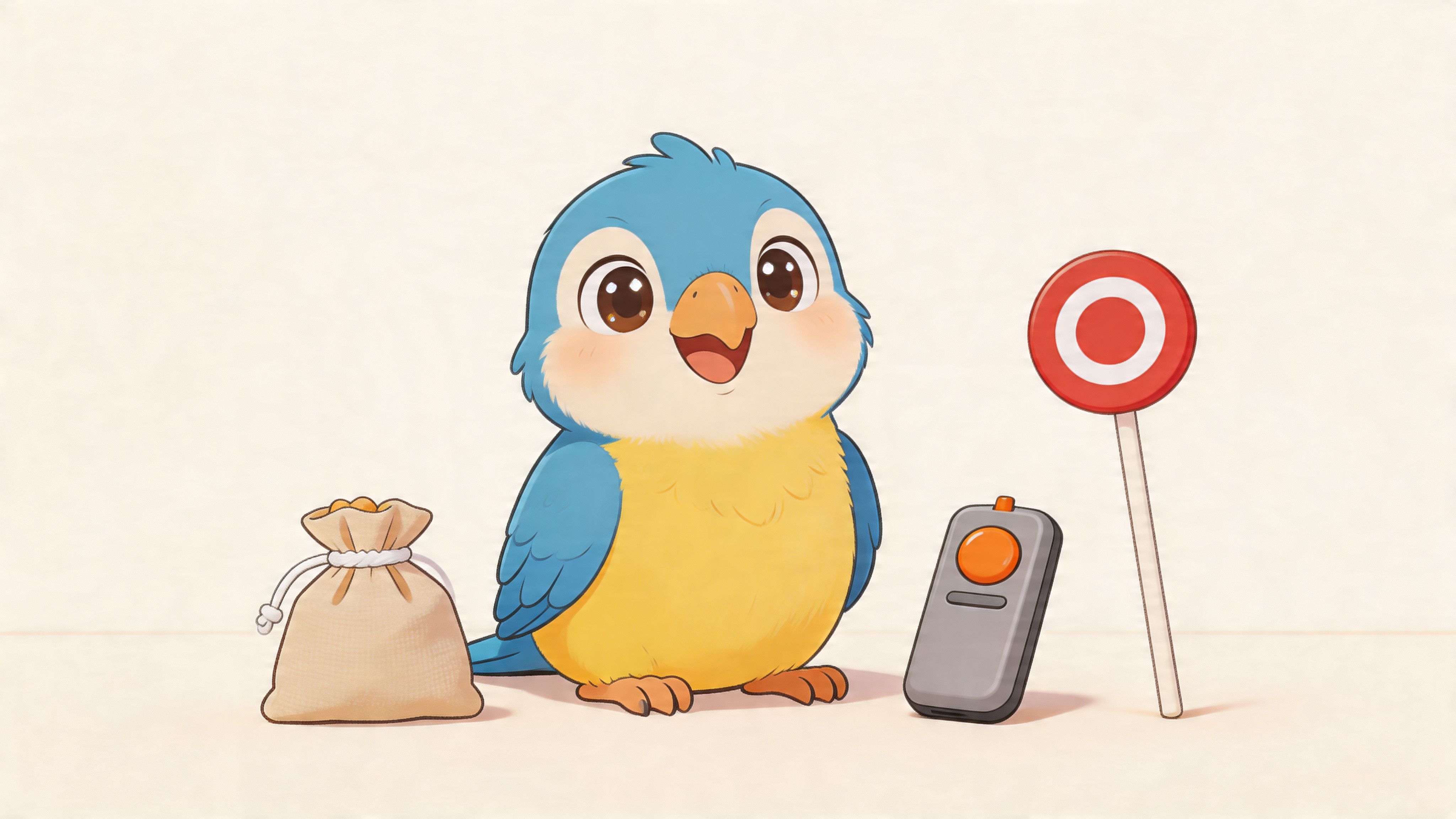 A cute blue and yellow cartoon bird sitting next to a treat bag, clicker, and target stick.