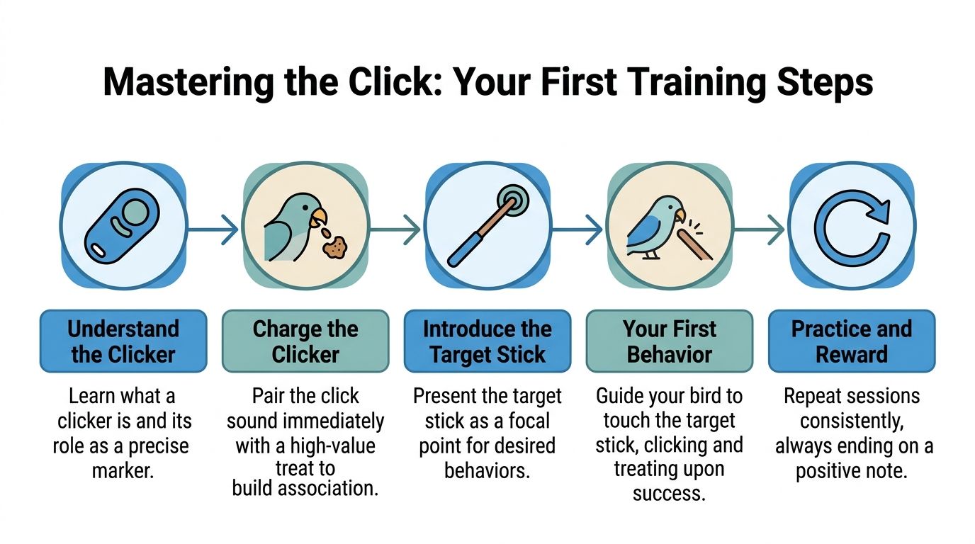 A five-step infographic showing how to teach birds using clicker training techniques with reward and target sticks.