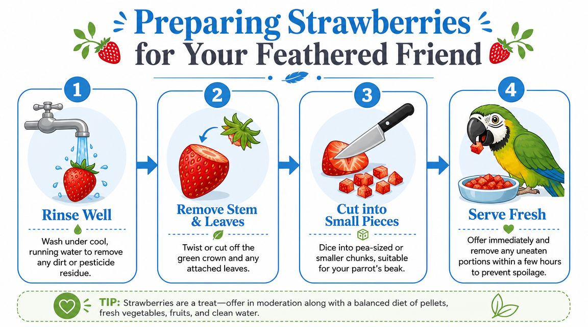 An infographic showing four simple steps to prepare fresh strawberries for your pet parrot to eat.