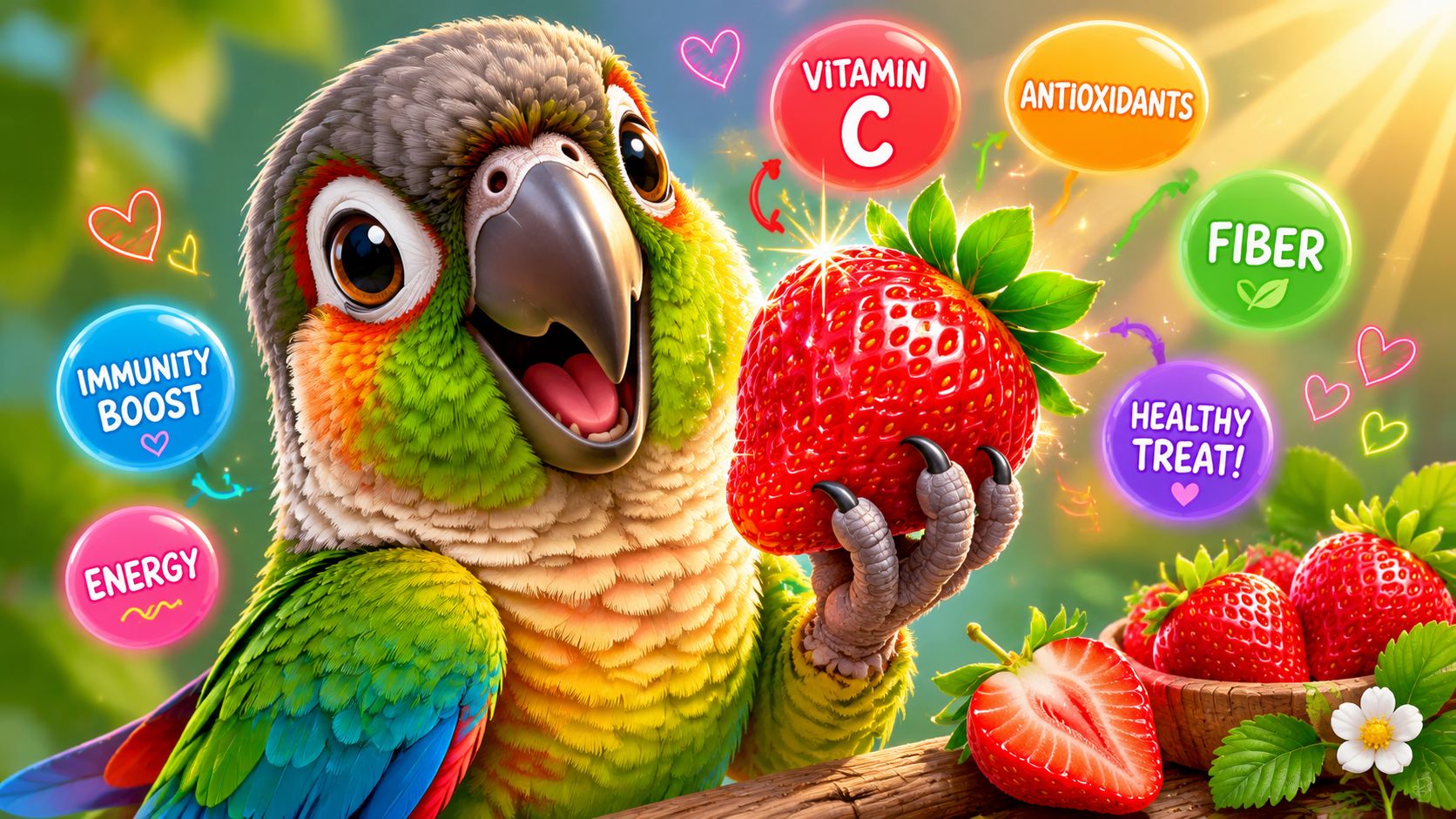 A happy parrot holding a fresh red strawberry with floating colorful health benefit bubbles in the background.