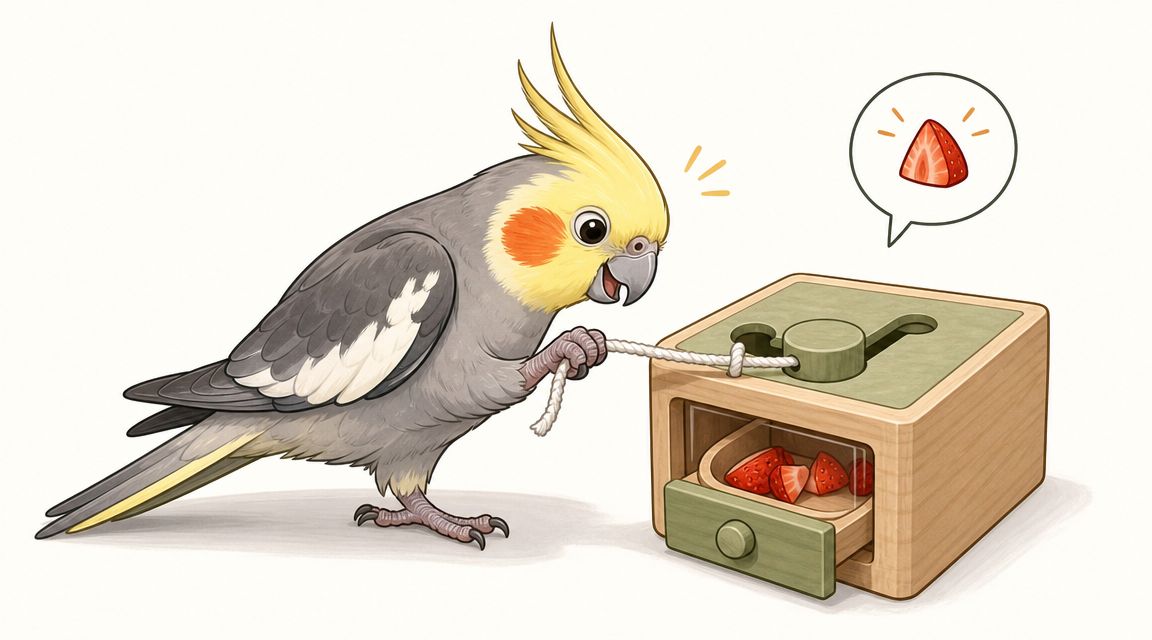 A cute cockatiel pulling a rope to open a puzzle box containing pieces of sliced strawberries.
