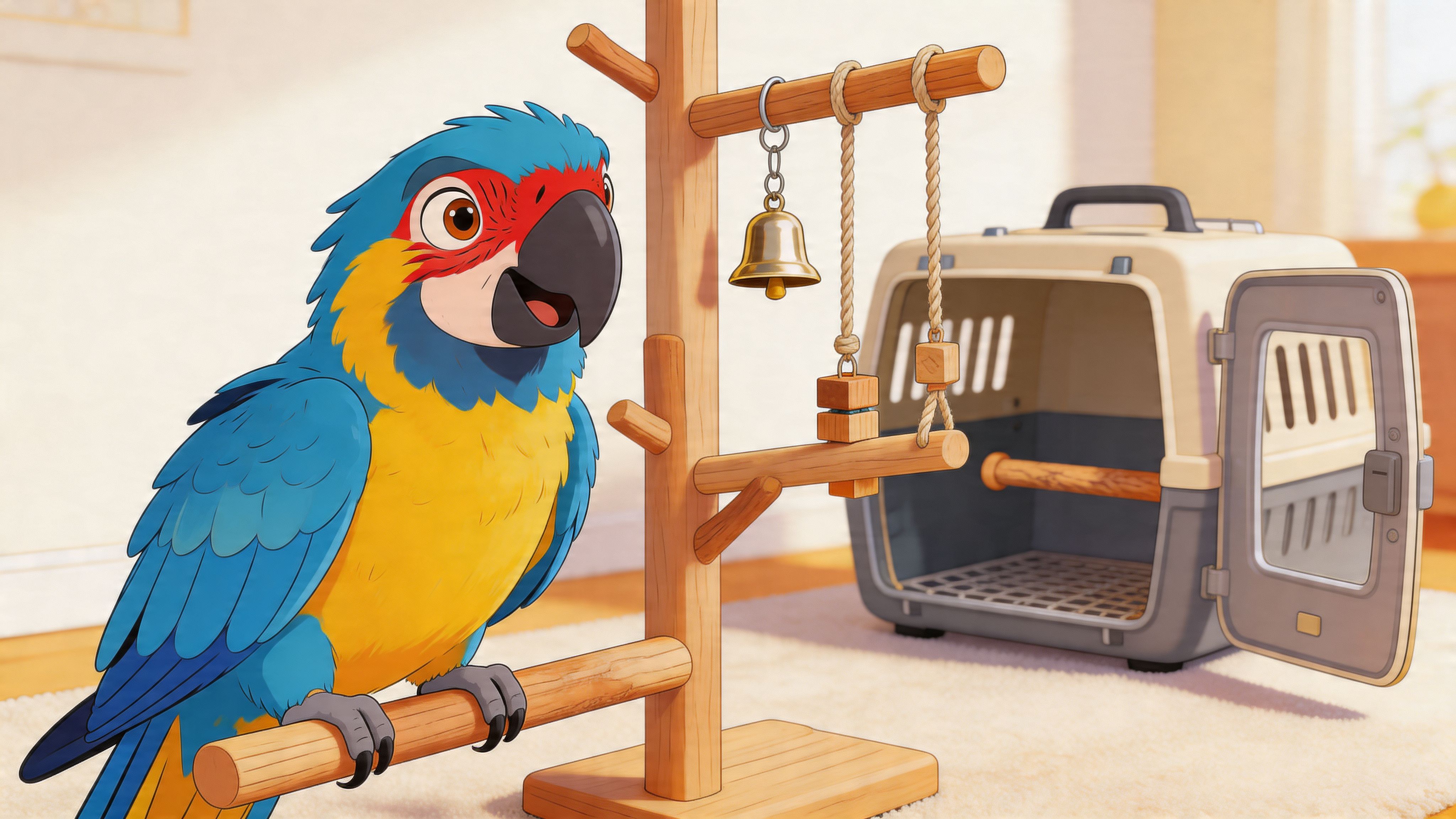 A cheerful cartoon parrot perched on a wooden stand next to an open pet bird carrier.