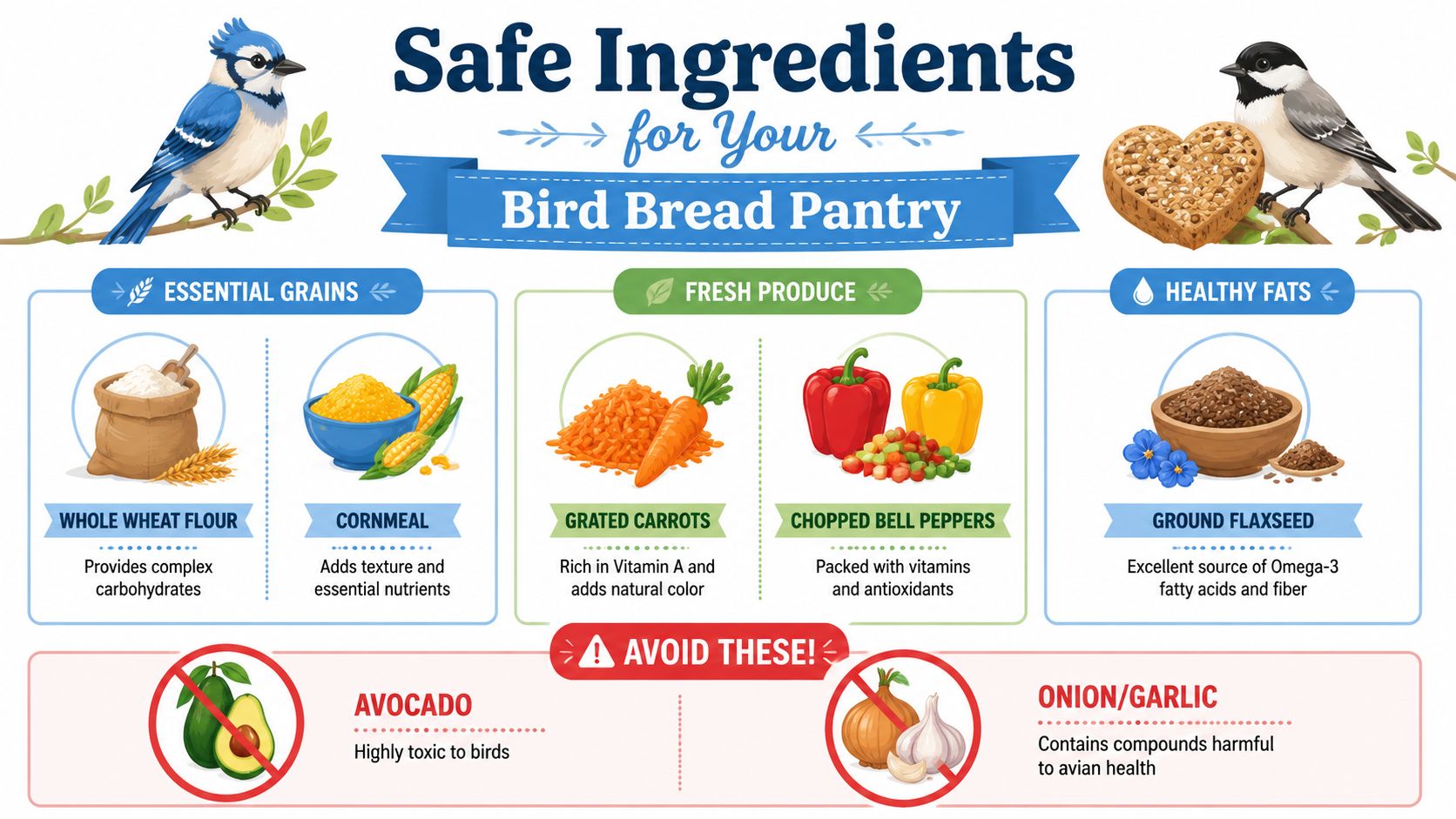 An infographic detailing safe and unsafe ingredients for making nutritious bread for wild birds.