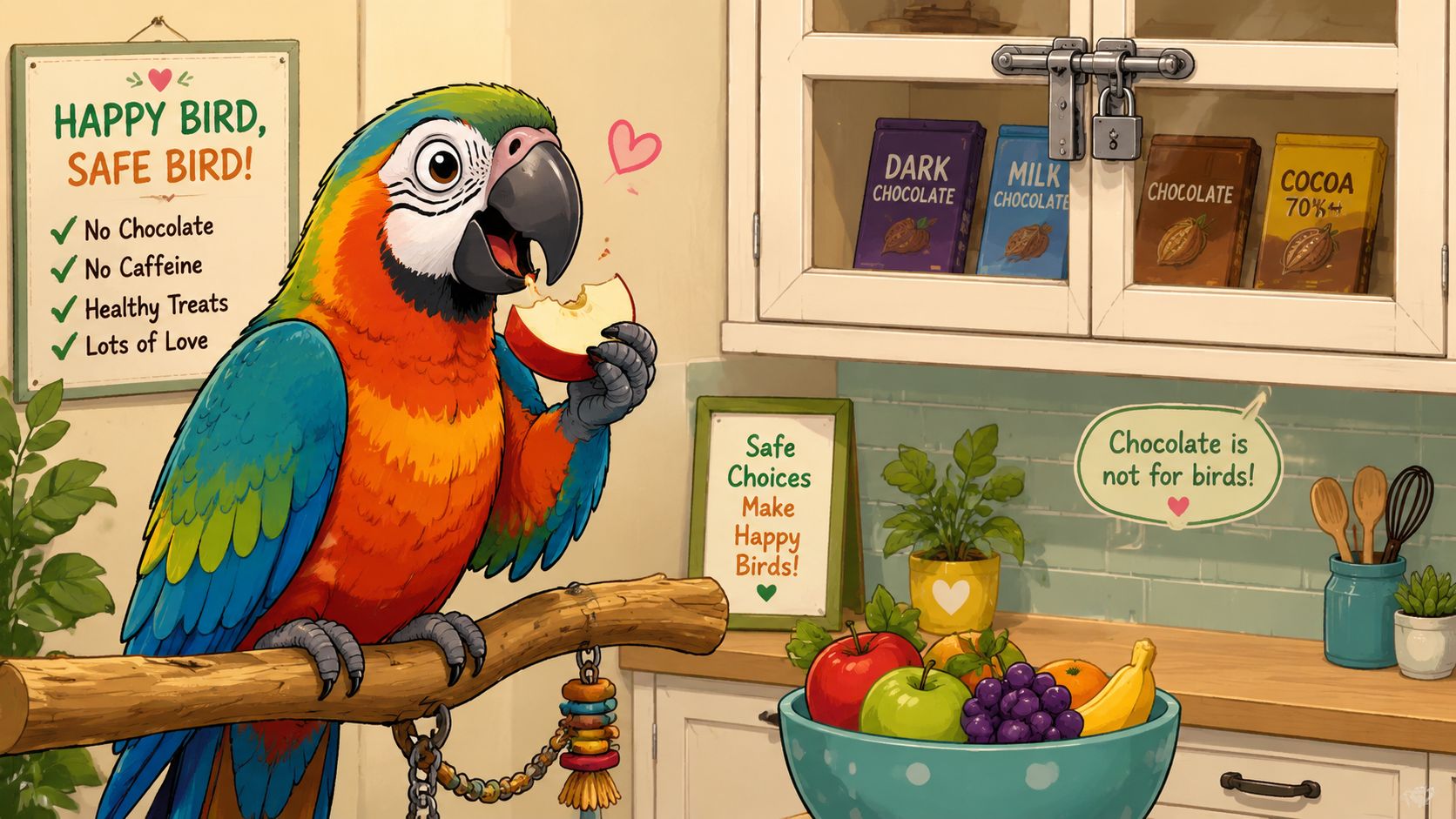 A colorful macaw eating an apple slice near a sign warning that chocolate is unsafe for birds.