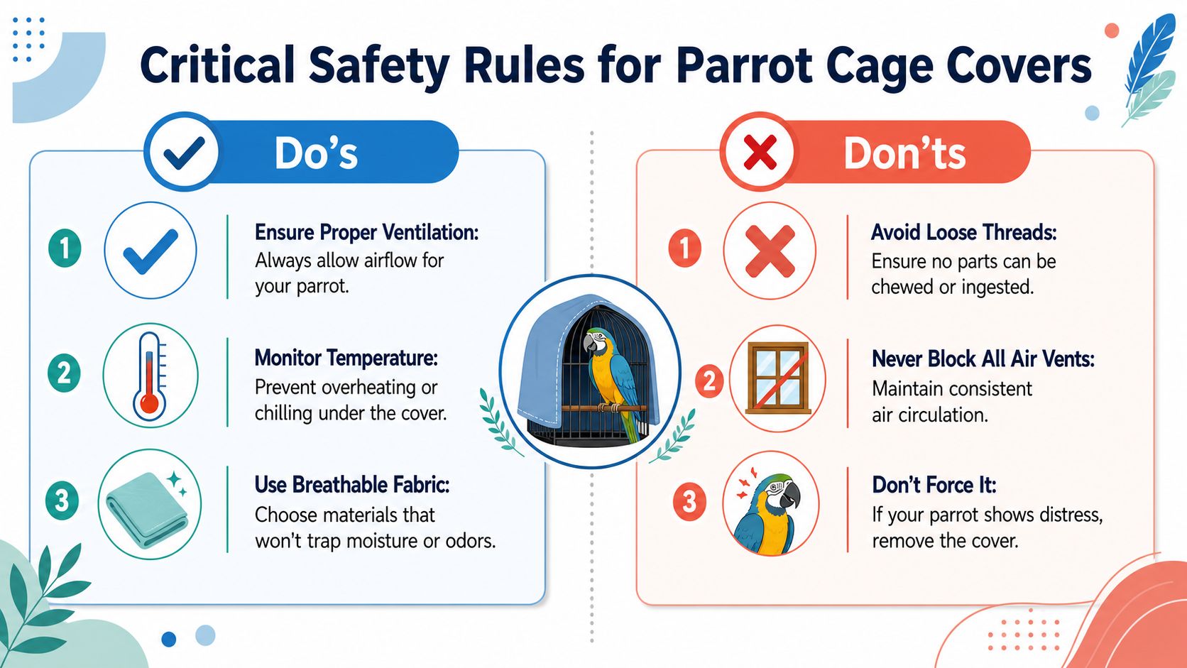 An infographic showing critical safety rules for using parrot cage covers, including do's and don'ts.