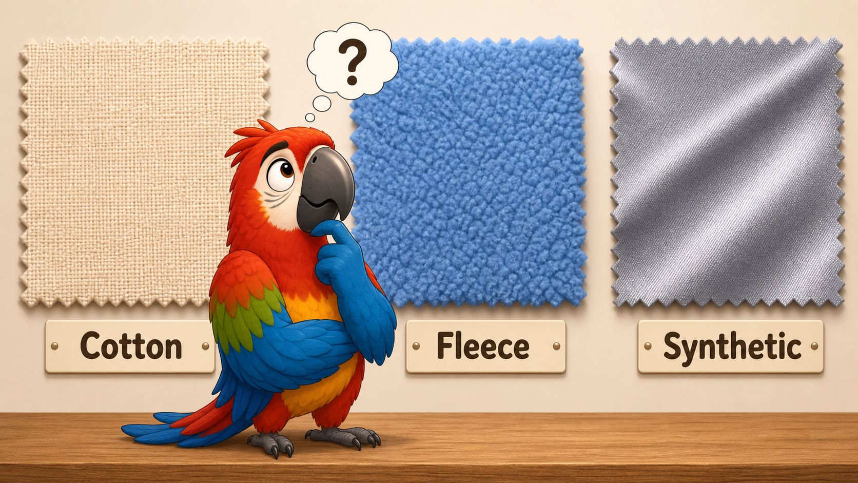 A colorful cartoon parrot standing on a wooden surface considering three different fabric samples for materials.