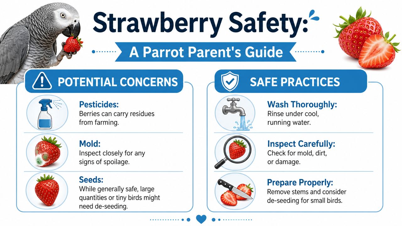 An infographic titled Strawberry Safety providing guidelines for feeding strawberries to pet parrots safely.
