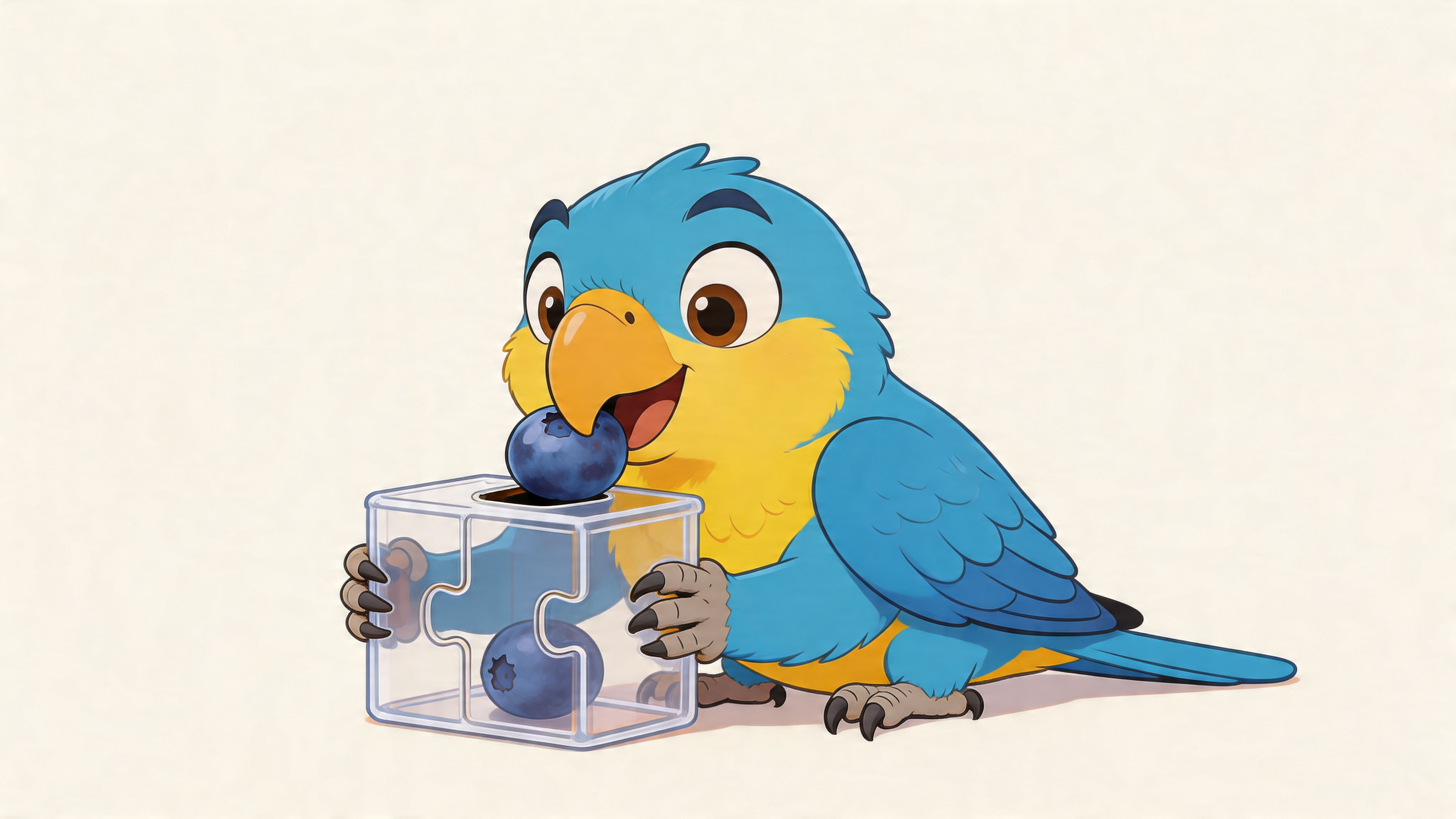 A cute cartoon blue and yellow parrot happily placing a fresh blueberry into a clear puzzle box.