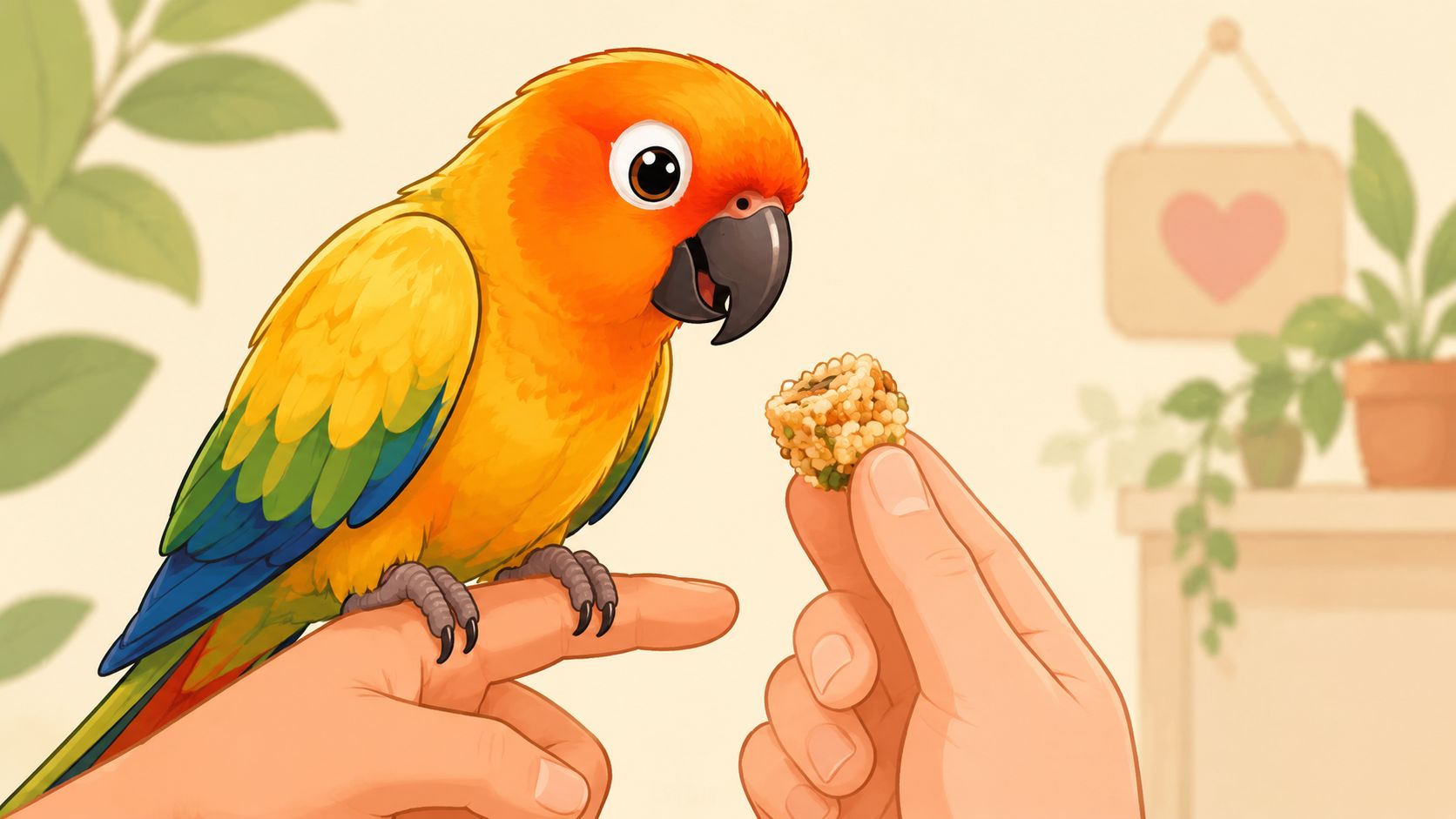 A close-up of a colorful sun conure parrot perched on a finger being fed a treat.