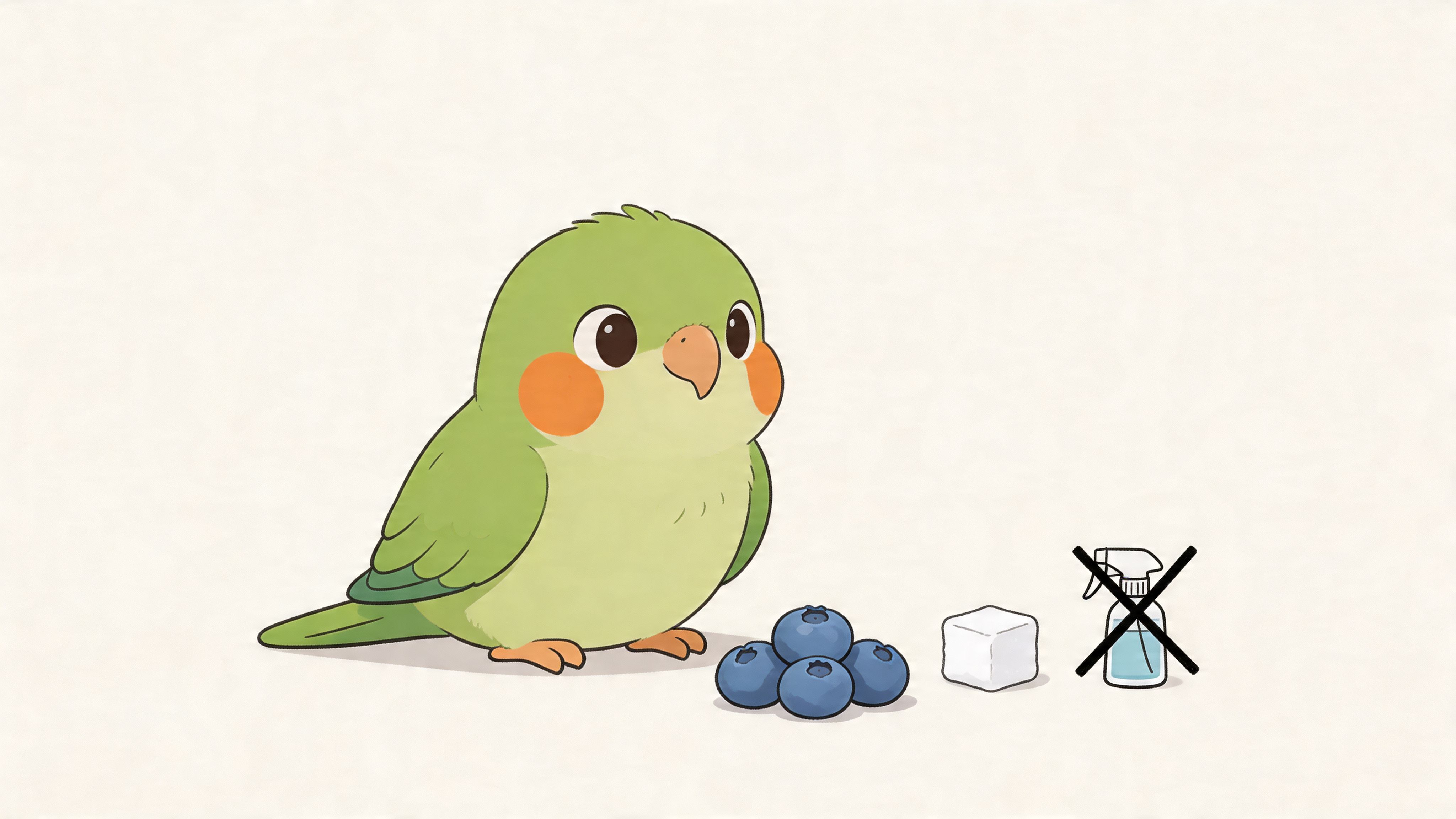 A cute cartoon green parrot sits next to blueberries, a sugar cube, and a crossed-out spray bottle.