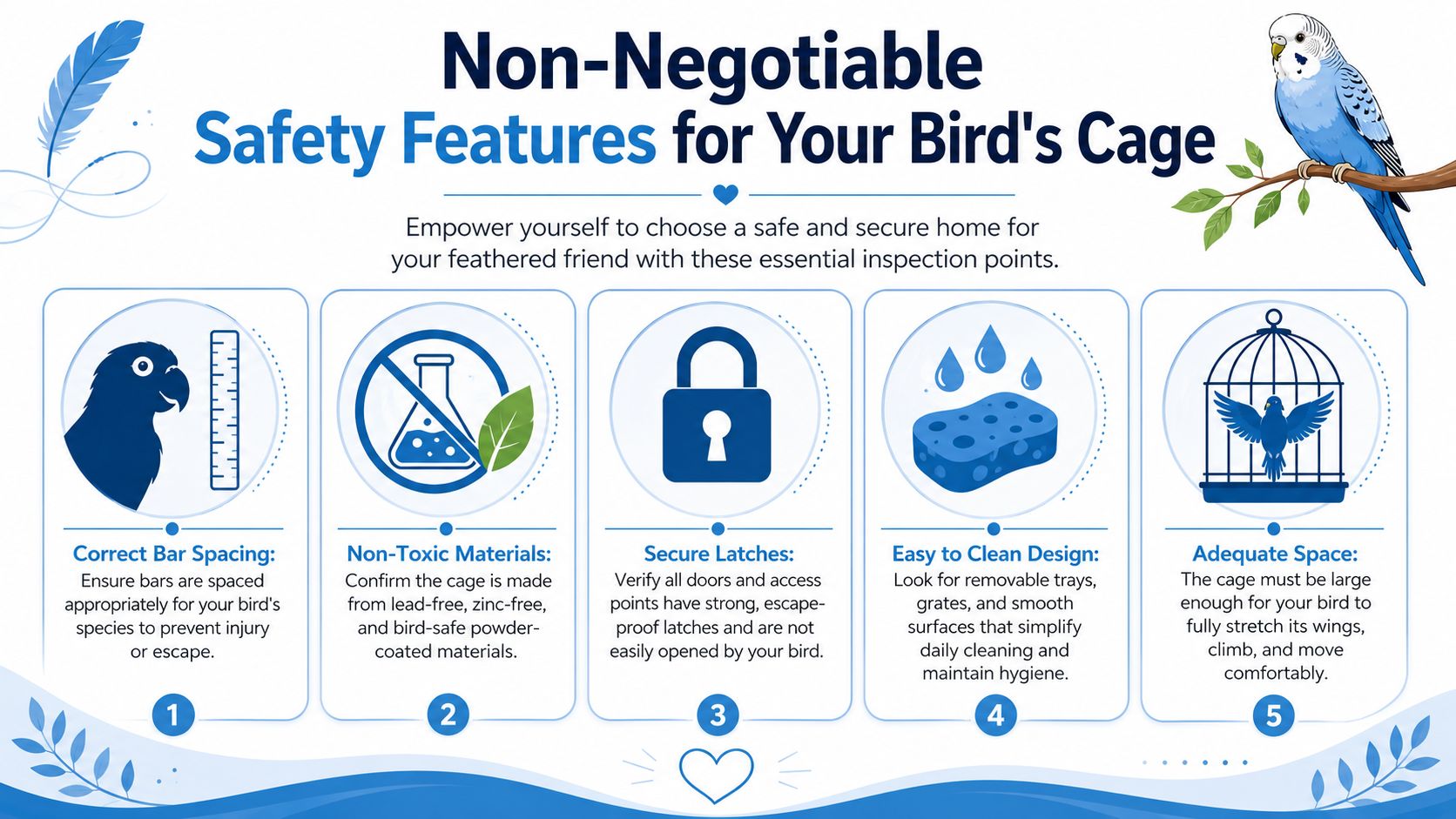 A helpful infographic listing five essential safety features to consider when choosing a bird cage.