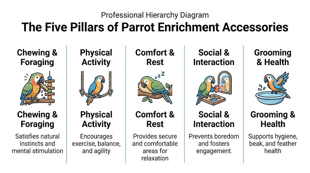 An infographic titled The Five Pillars of Parrot Enrichment Accessories detailing essential needs for bird owners.
