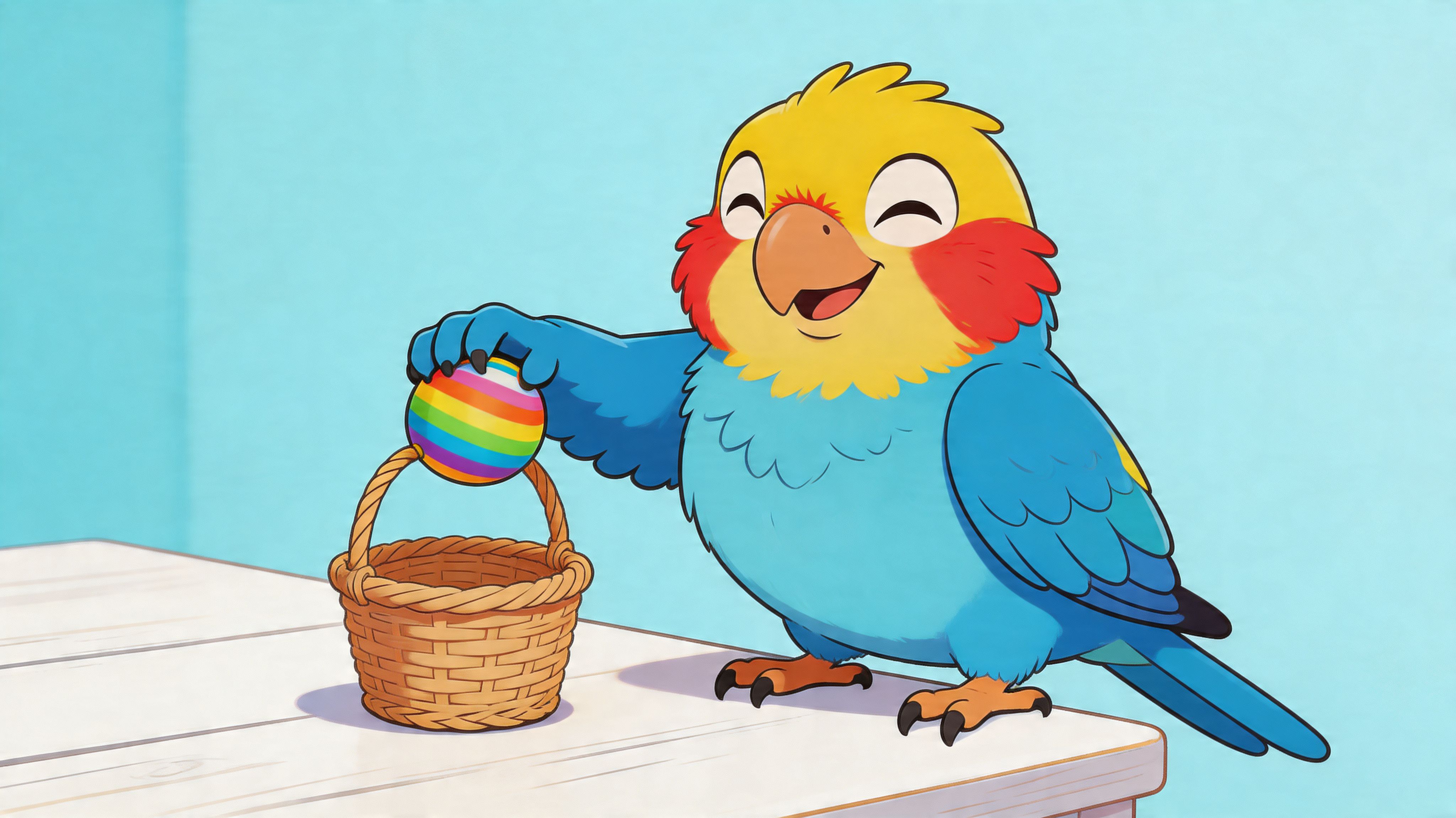A colorful cartoon parrot happily placing a striped rainbow Easter egg into a small woven wicker basket.