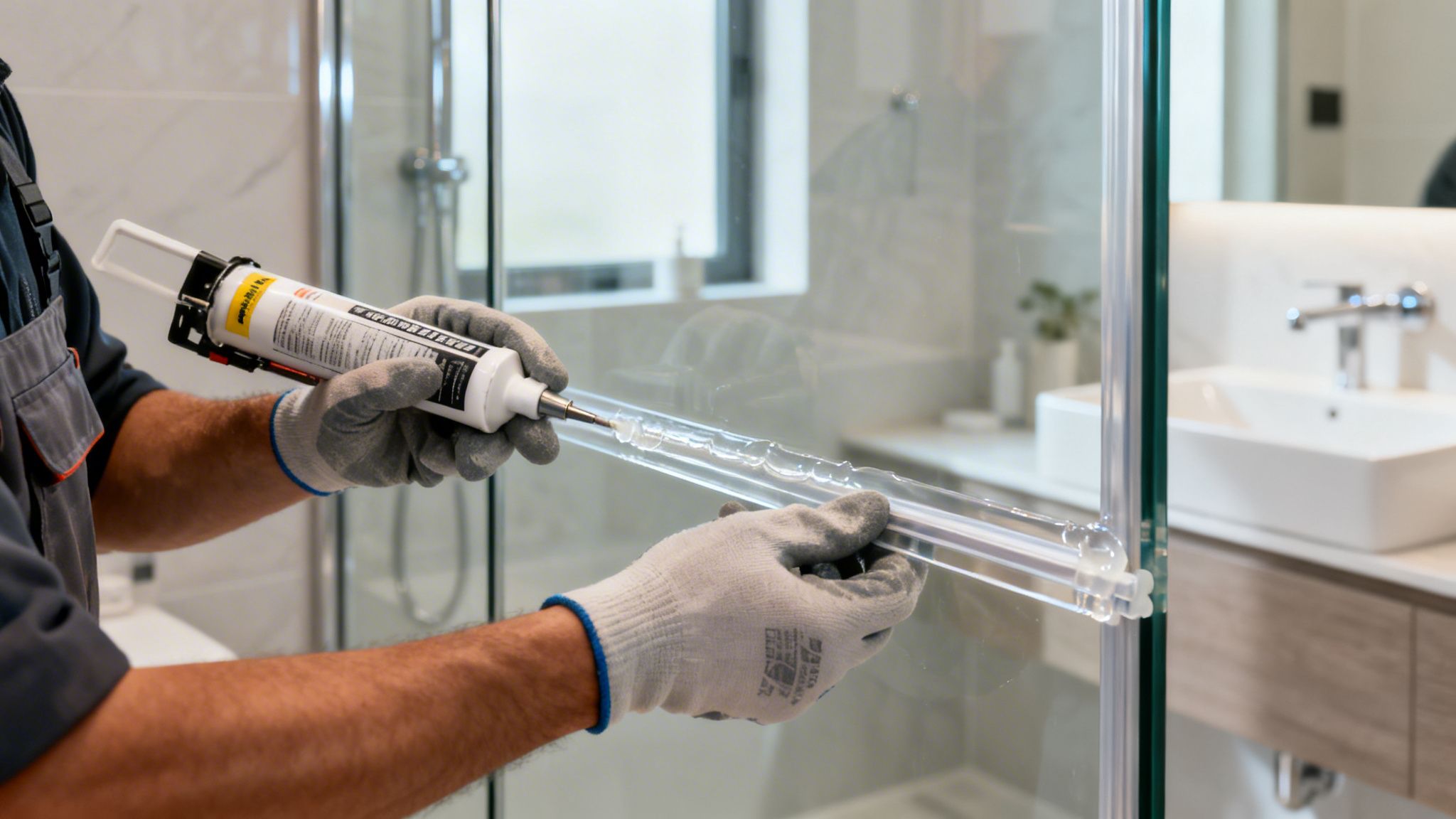 Hands in gloves apply clear sealant to a shower water guard for a leak-proof seal.