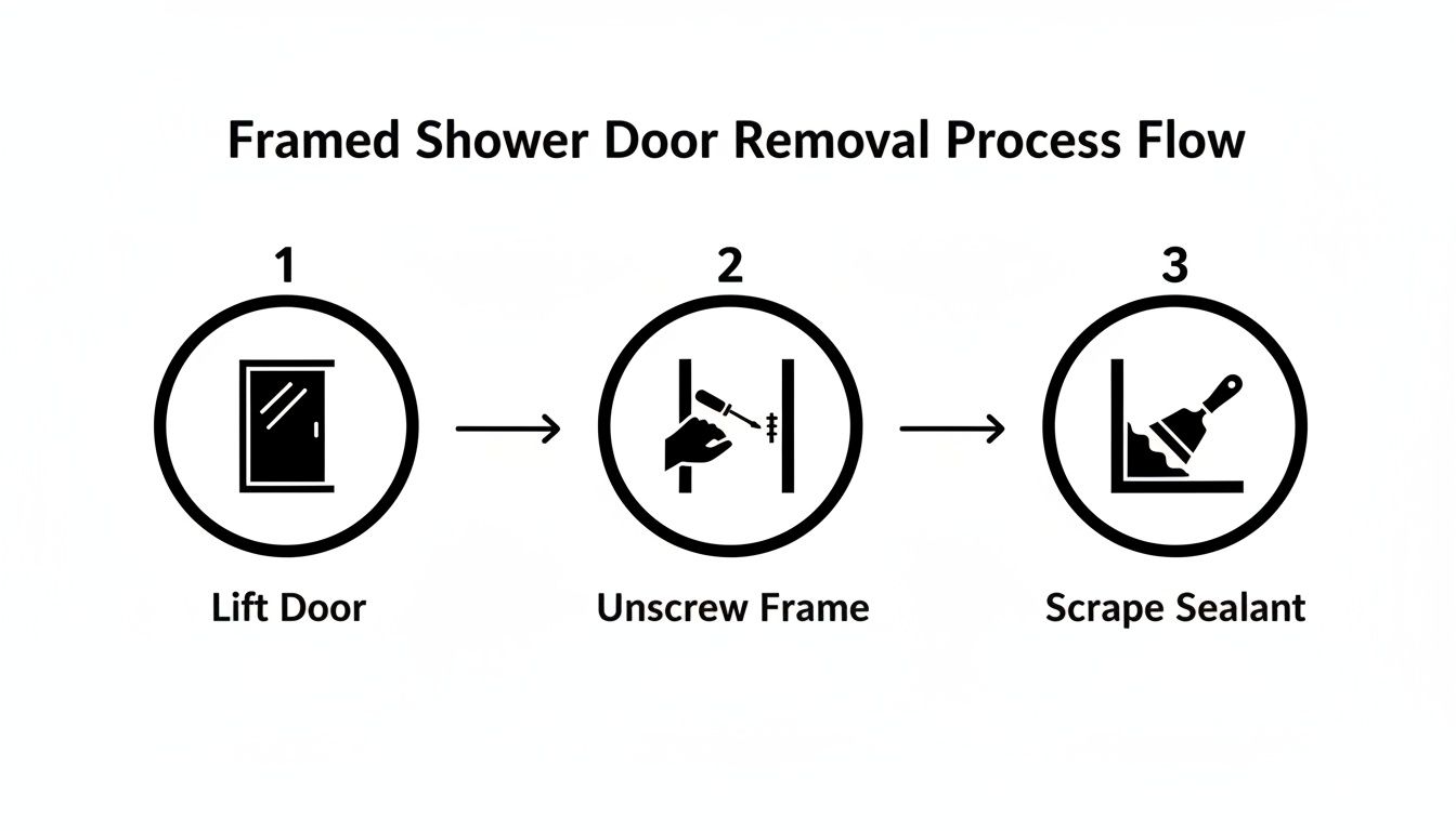 A flow chart showing three steps to remove a framed shower door: lift door, unscrew frame, scrape sealant.
