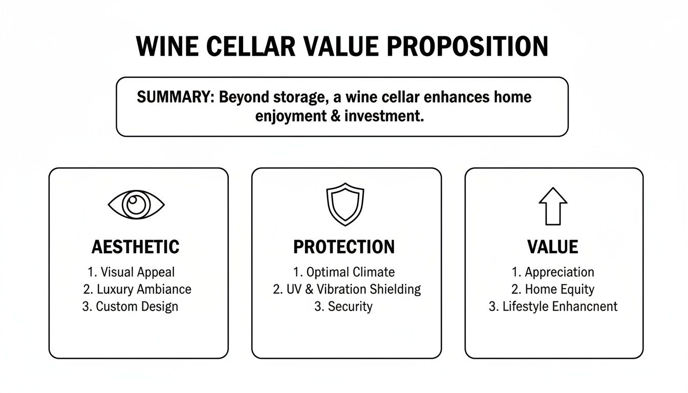 Infographic detailing wine cellar value proposition, covering aesthetic, protection, and value benefits.