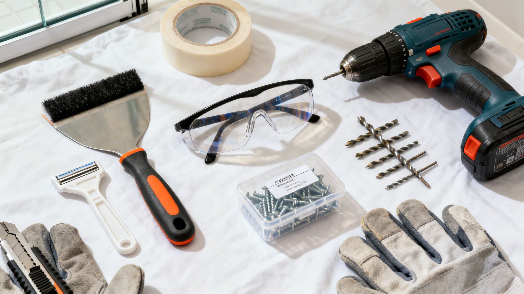 A flat lay of DIY tools including a drill, safety glasses, screws, tape, and scrapers, ready for a home project.