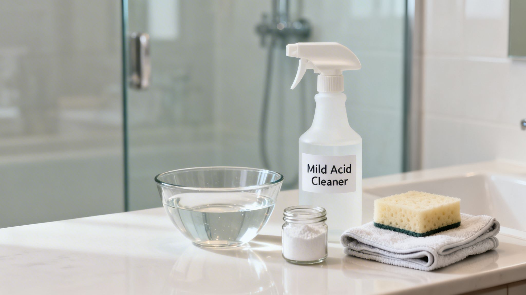 Cleaning supplies including a mild acid cleaner, water, powder, sponge, and cloth on a bathroom counter.