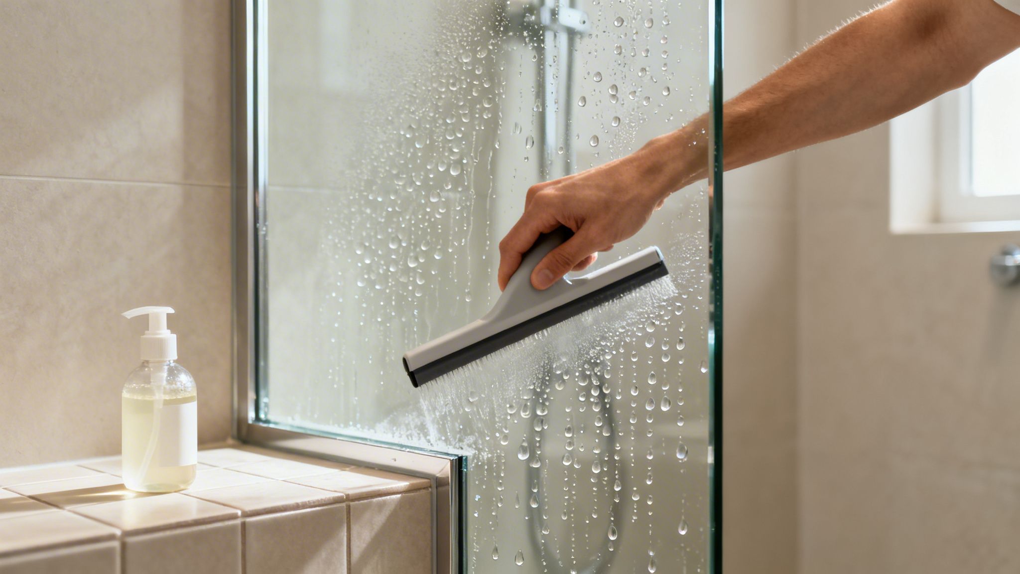 A person uses a squeegee to clean water droplets from a frameless glass shower door.