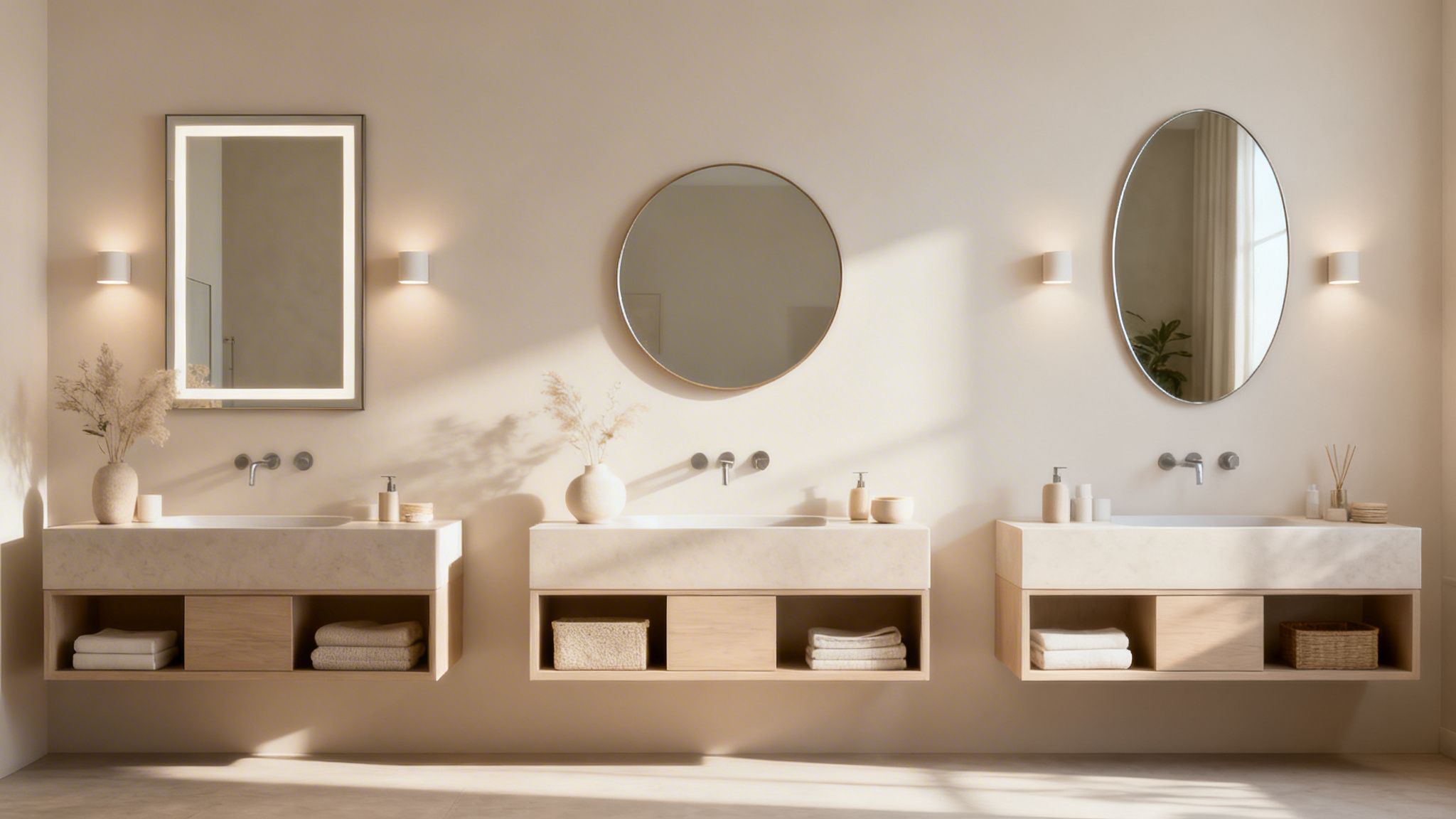 Three minimalist bathroom vanities with different mirrors, wall-mounted sinks, and light wood storage.