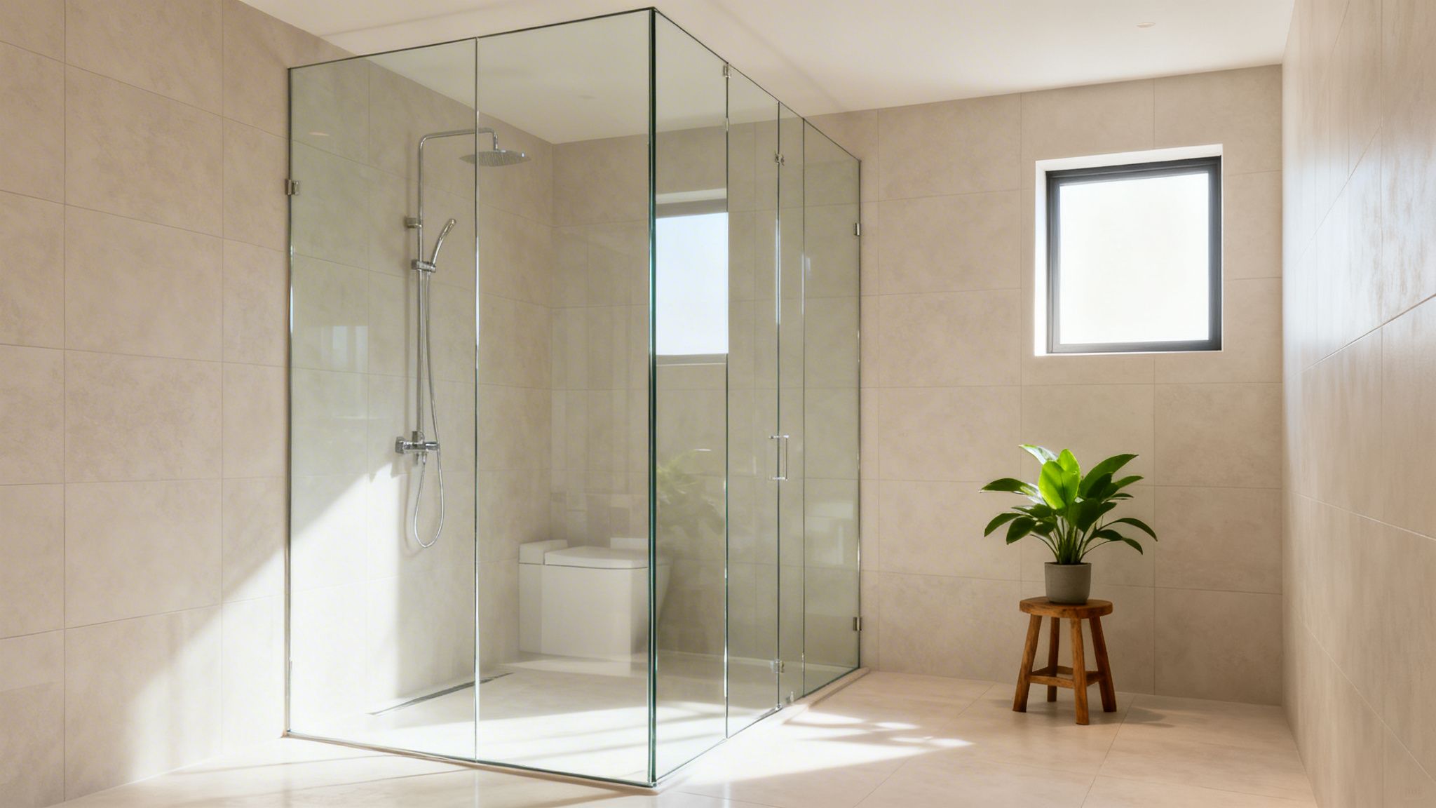A minimalist bathroom features a spacious frameless glass shower, light-colored tiles, and a potted green plant on a wooden stool.