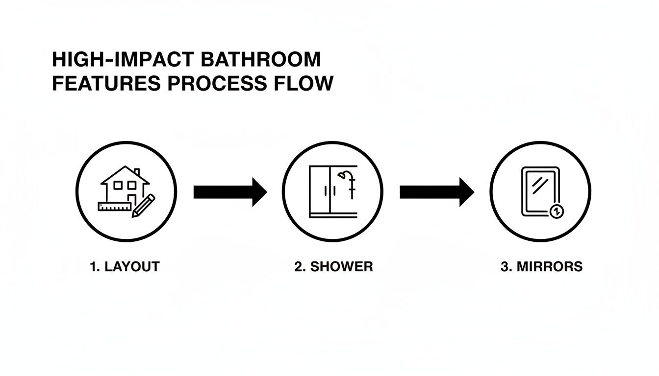 Process flow for high-impact bathroom design, illustrating layout planning, shower selection, and mirror placement.