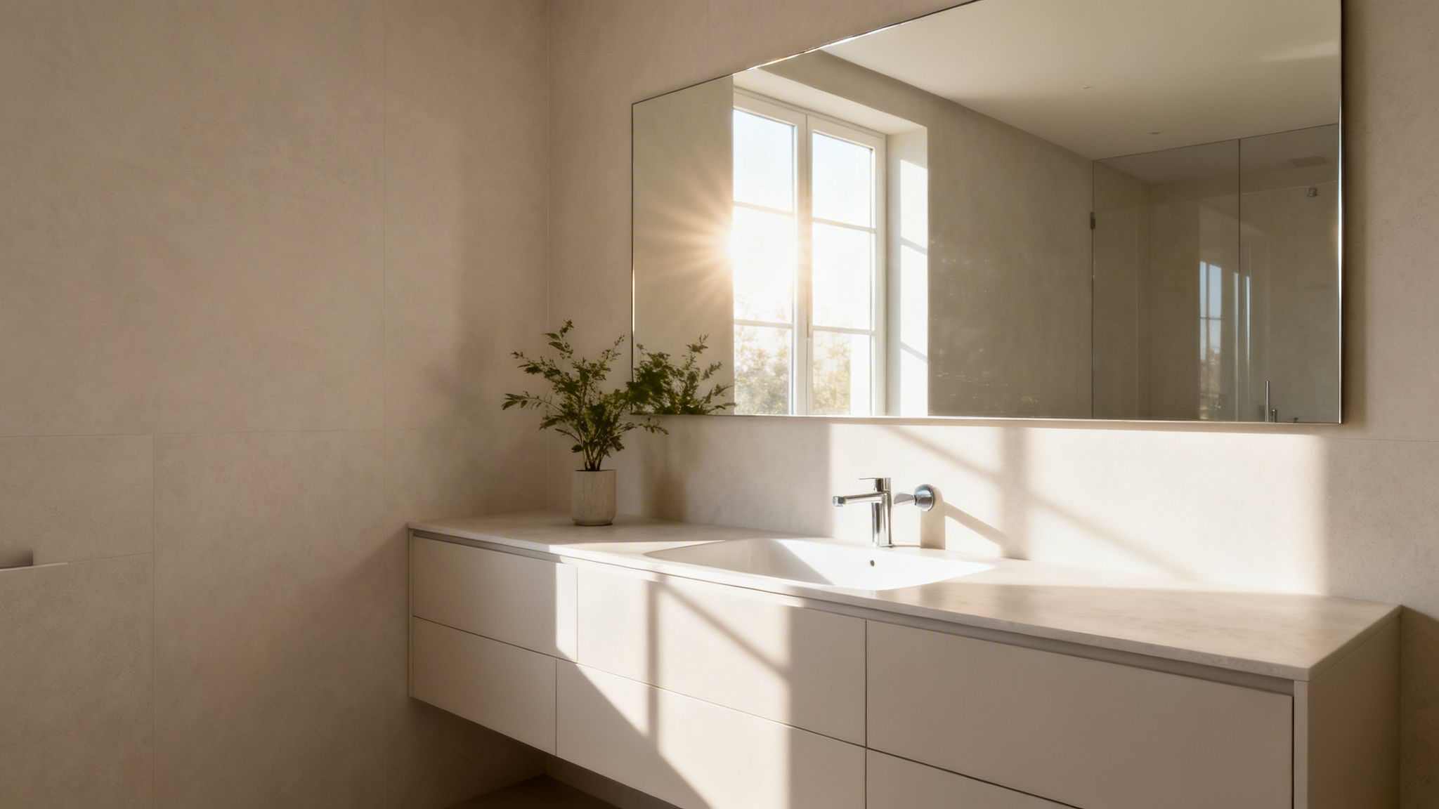 Modern bathroom with a large mirror, vanity, and sink, illuminated by bright sunlight.