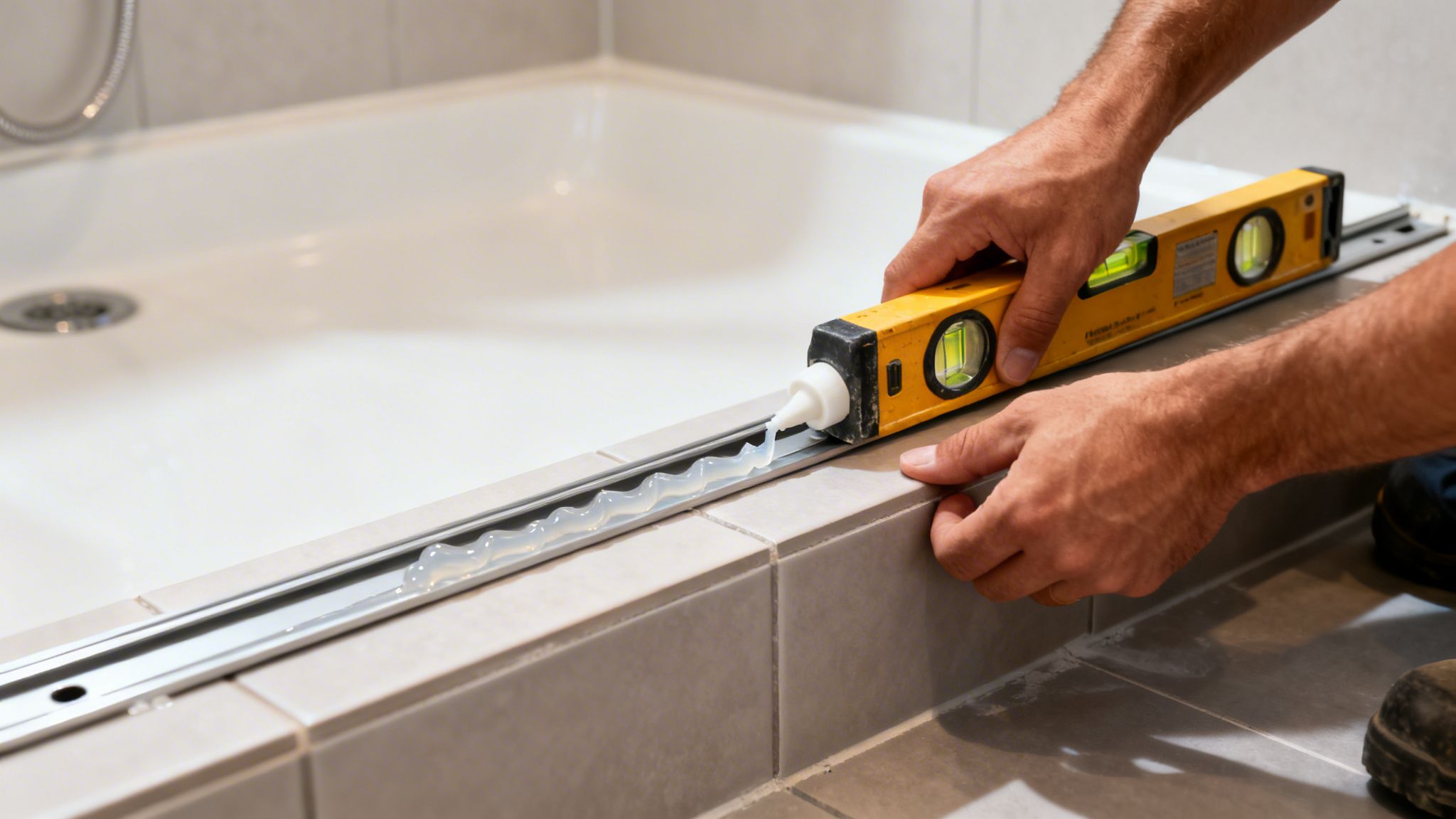 Worker's hands applying sealant to a metal bottom track for a shower door installation.