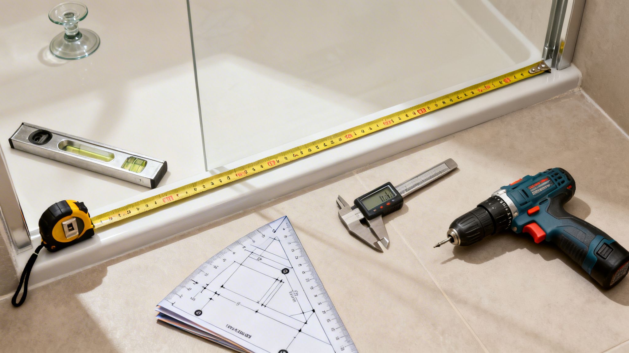 Various tools including a tape measure, level, drill, and caliper are laid out on bathroom tiles next to a shower base.