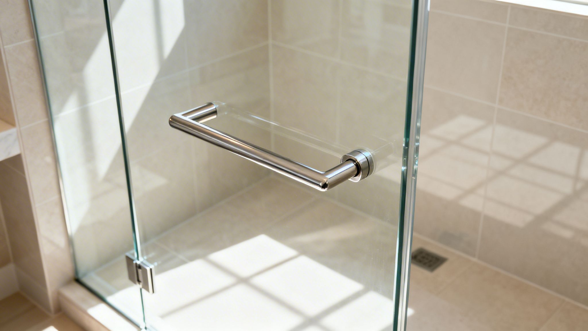 Modern bathroom with a clear glass shower door and a polished chrome handle, sunlight streaming in.